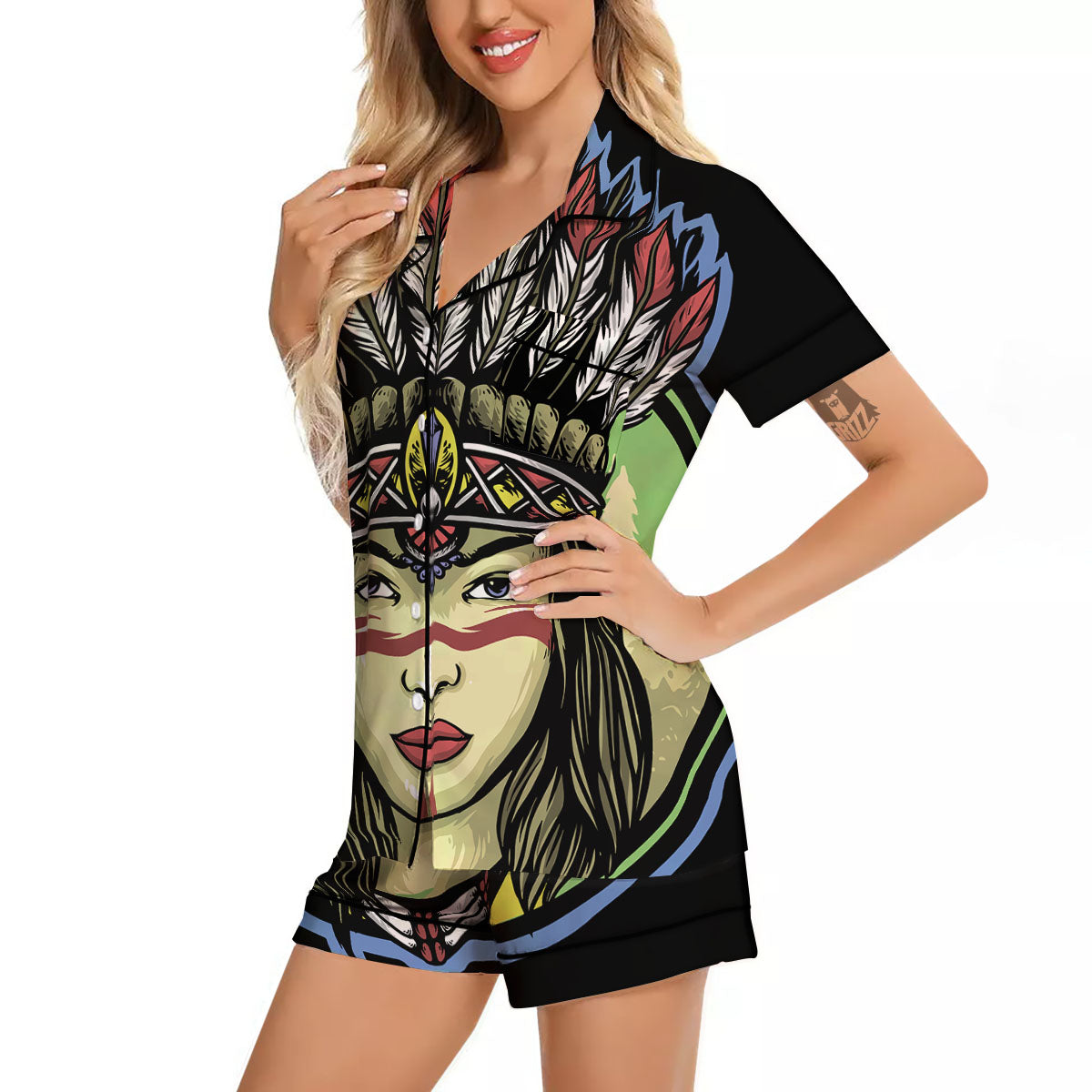 Woman Portrait Native Indian Print Women Silk Pajamas-grizzshop