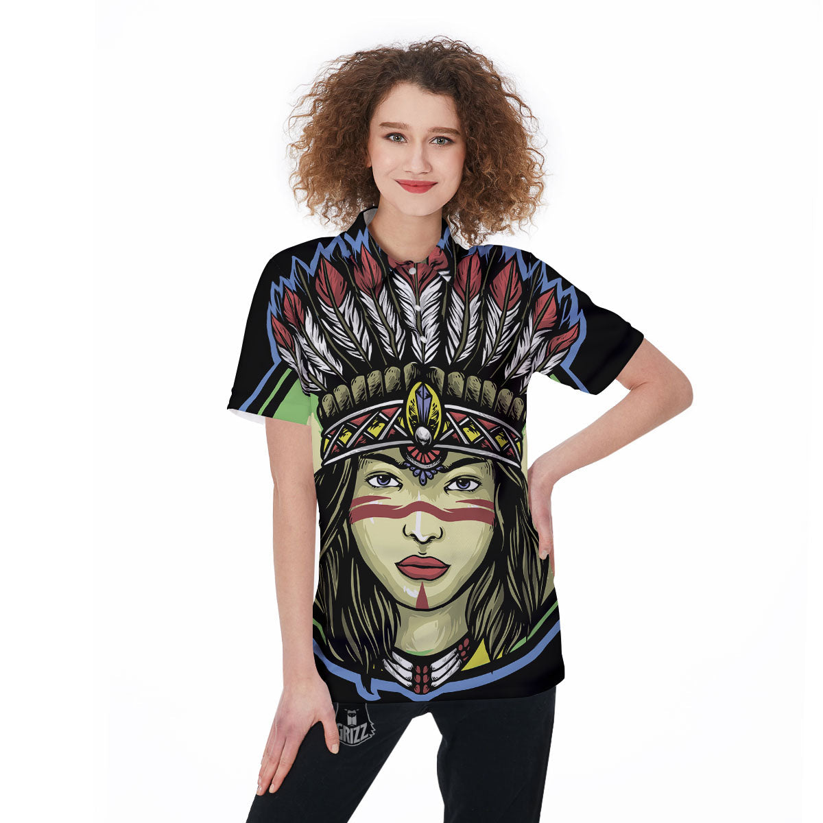 Woman Portrait Native Indian Print Women's Golf Shirts-grizzshop
