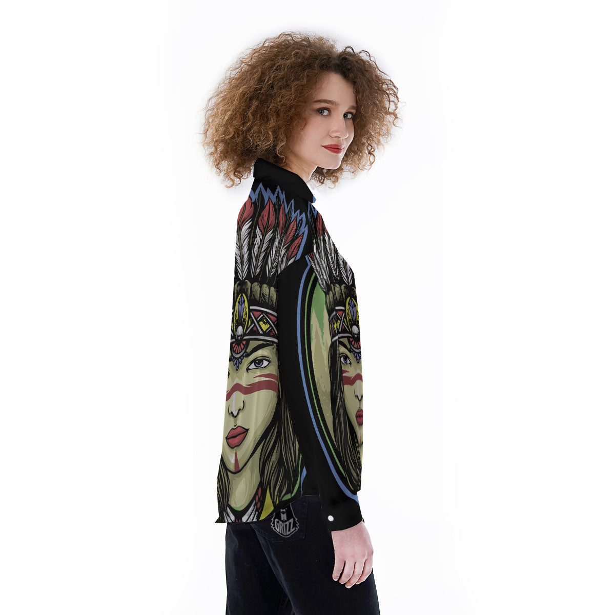 Woman Portrait Native Indian Print Women's Long Sleeve Shirts-grizzshop