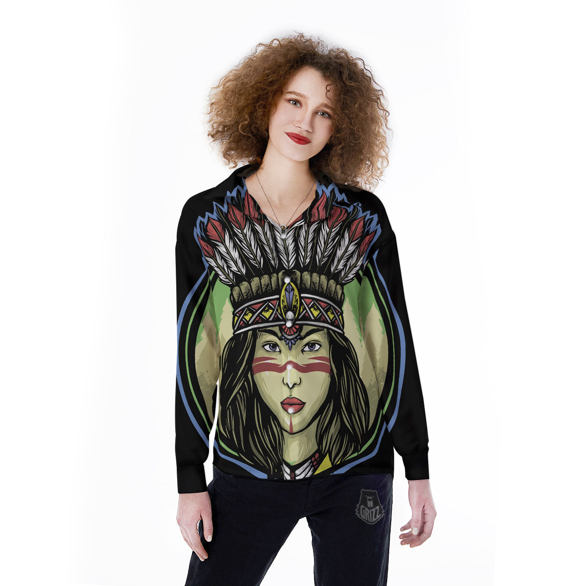Woman Portrait Native Indian Print Women's Long Sleeve Shirts-grizzshop