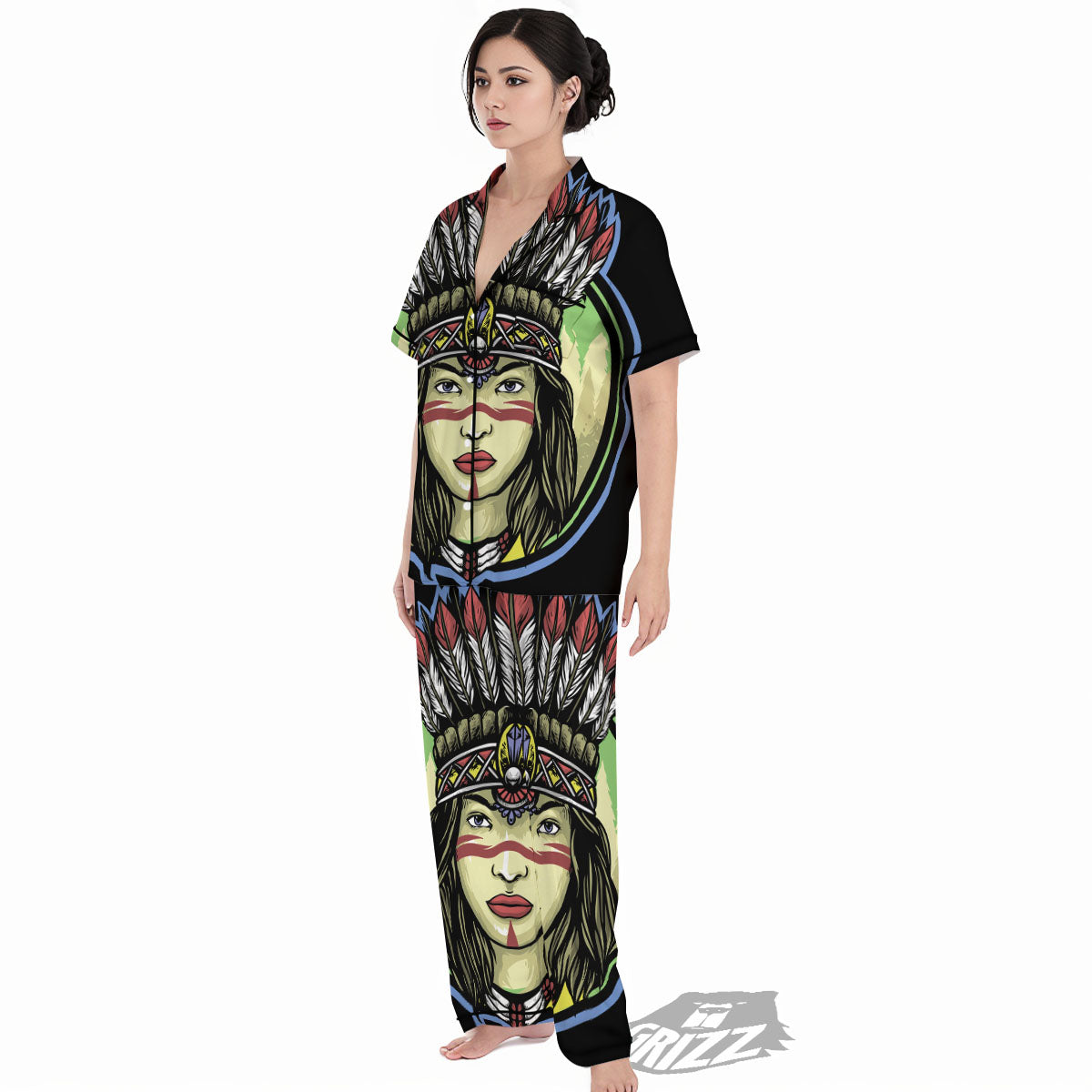 Woman Portrait Native Indian Print Women's Pajamas Set-grizzshop