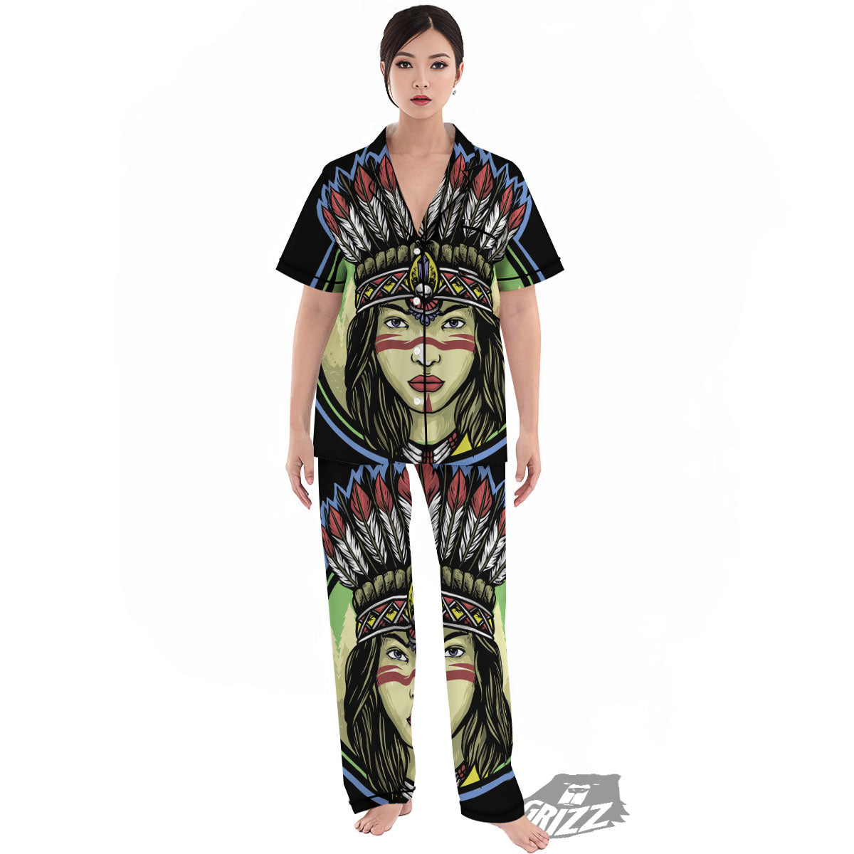 Woman Portrait Native Indian Print Women's Pajamas Set-grizzshop