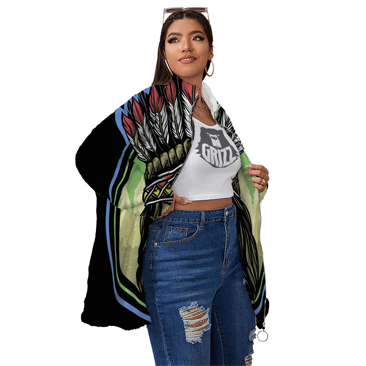 Woman Portrait Native Indian Print Women's Sherpa Jacket-grizzshop