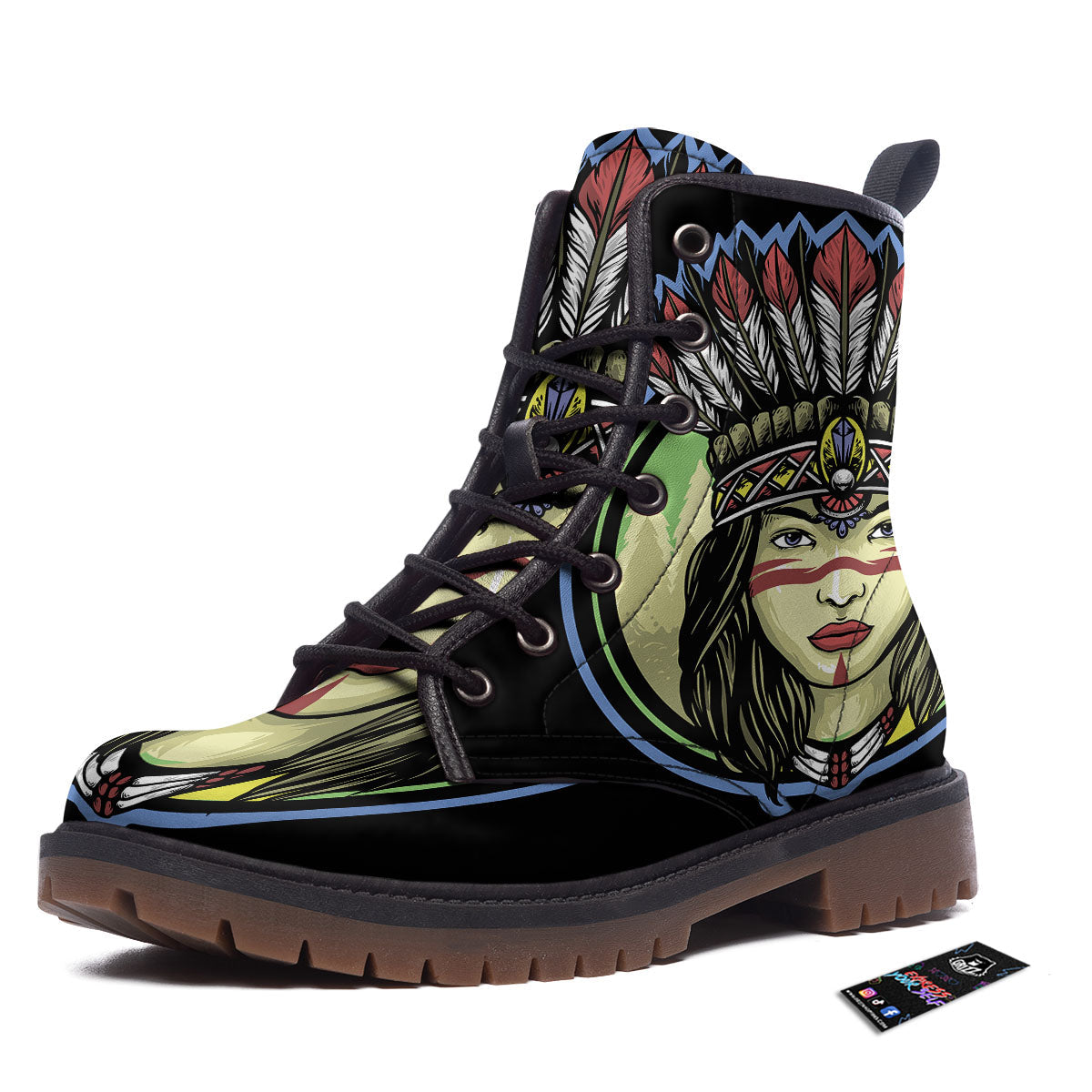 Woman Portrait Native Indian Print Work Boots-grizzshop