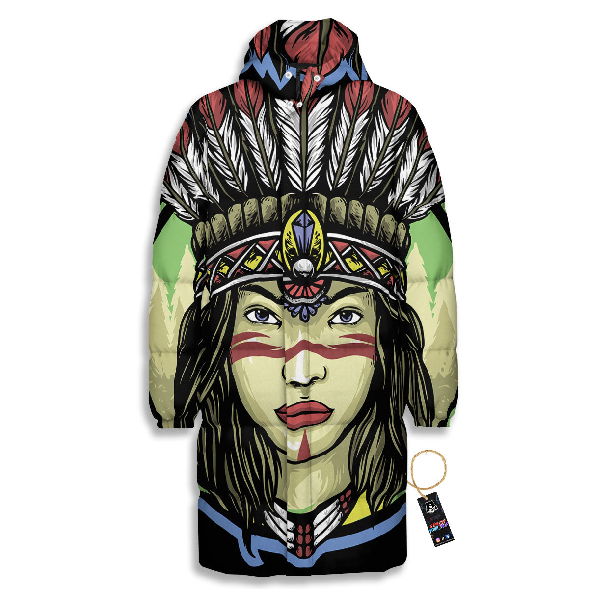 Woman Portrait Native Indian Print Long Down Jacket