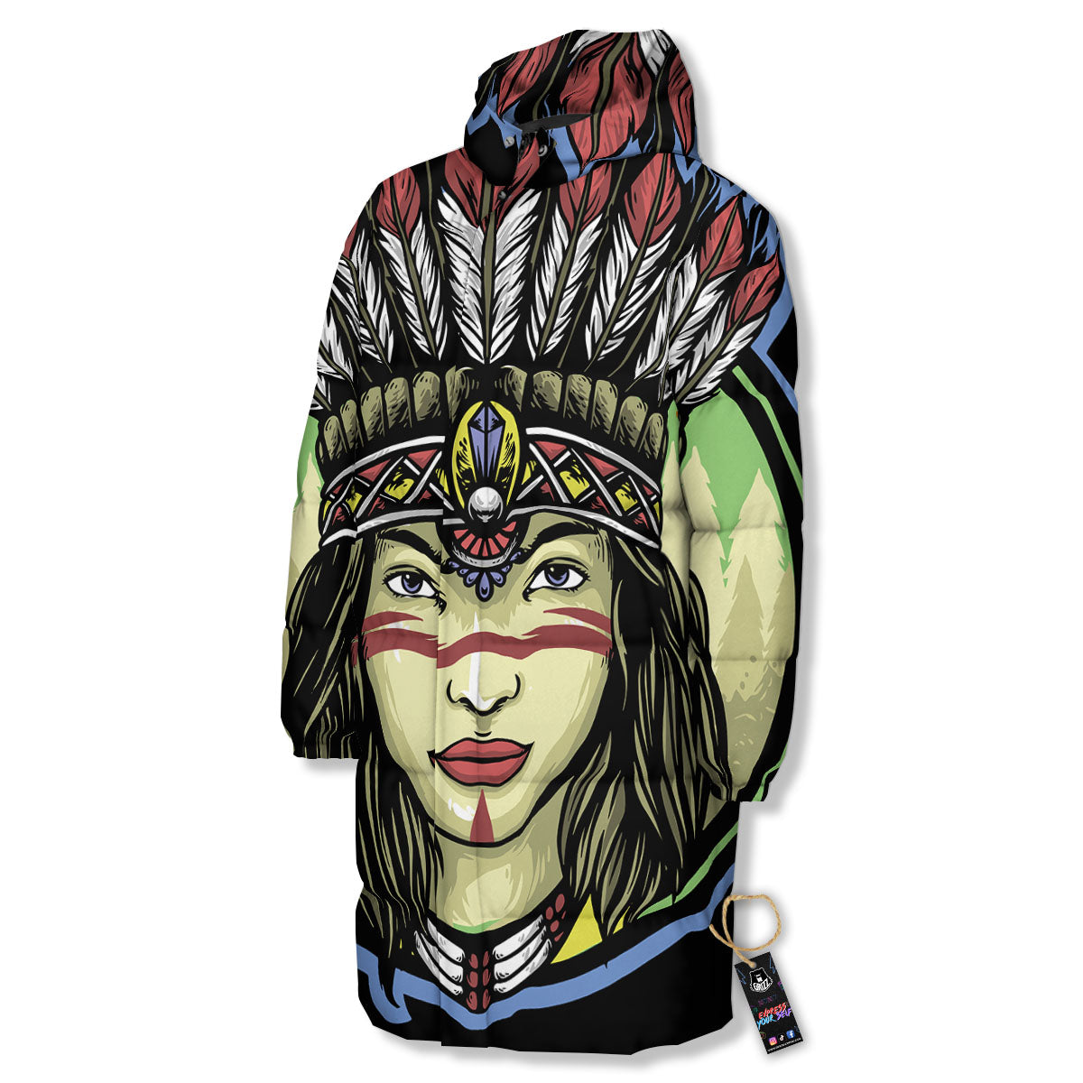 Woman Portrait Native Indian Print Long Down Jacket