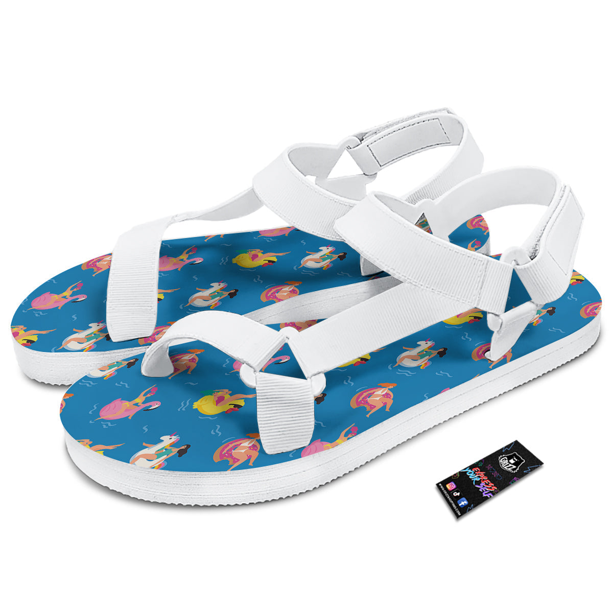 Women Swimming In The Sea Print Pattern White Open Toe Sandals-grizzshop