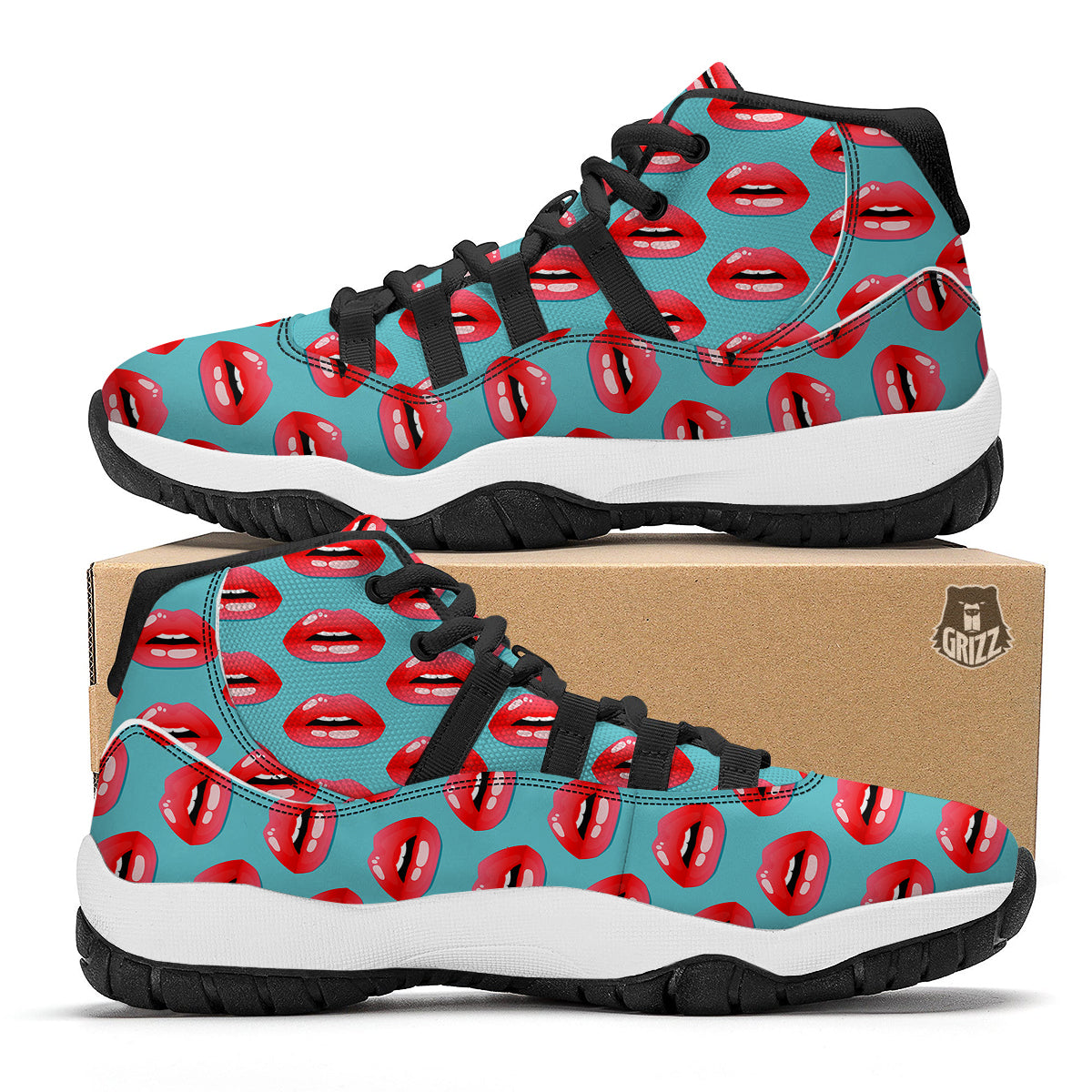 Women's Lips Print Pattern Black Bball Shoes-grizzshop