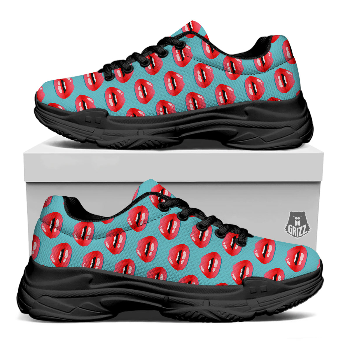 Women's Lips Print Pattern Black Chunky Shoes-grizzshop