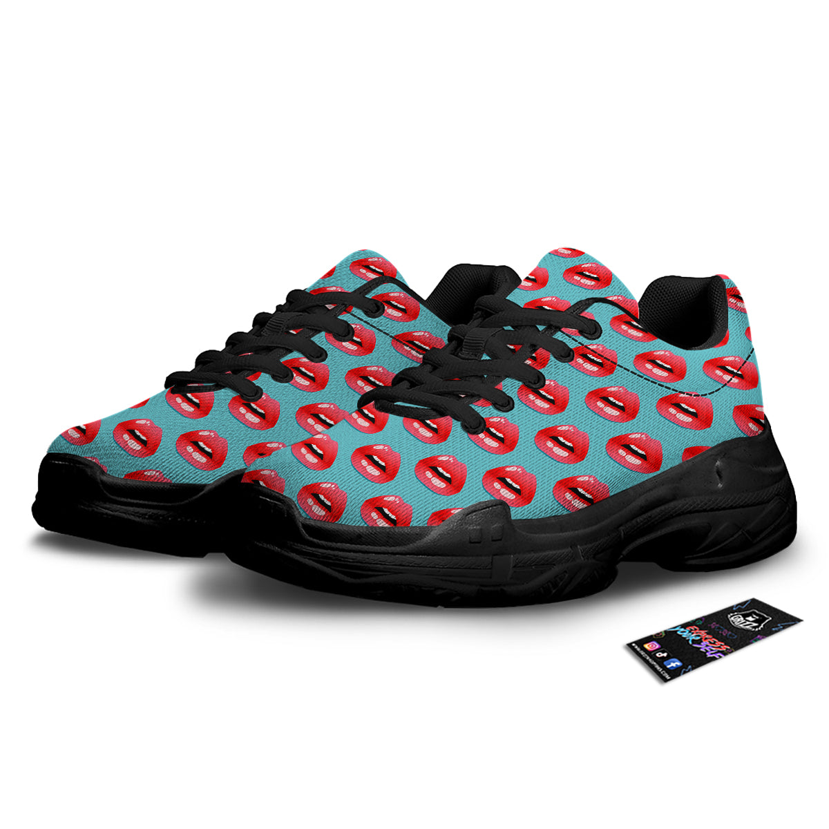 Women's Lips Print Pattern Black Chunky Shoes-grizzshop