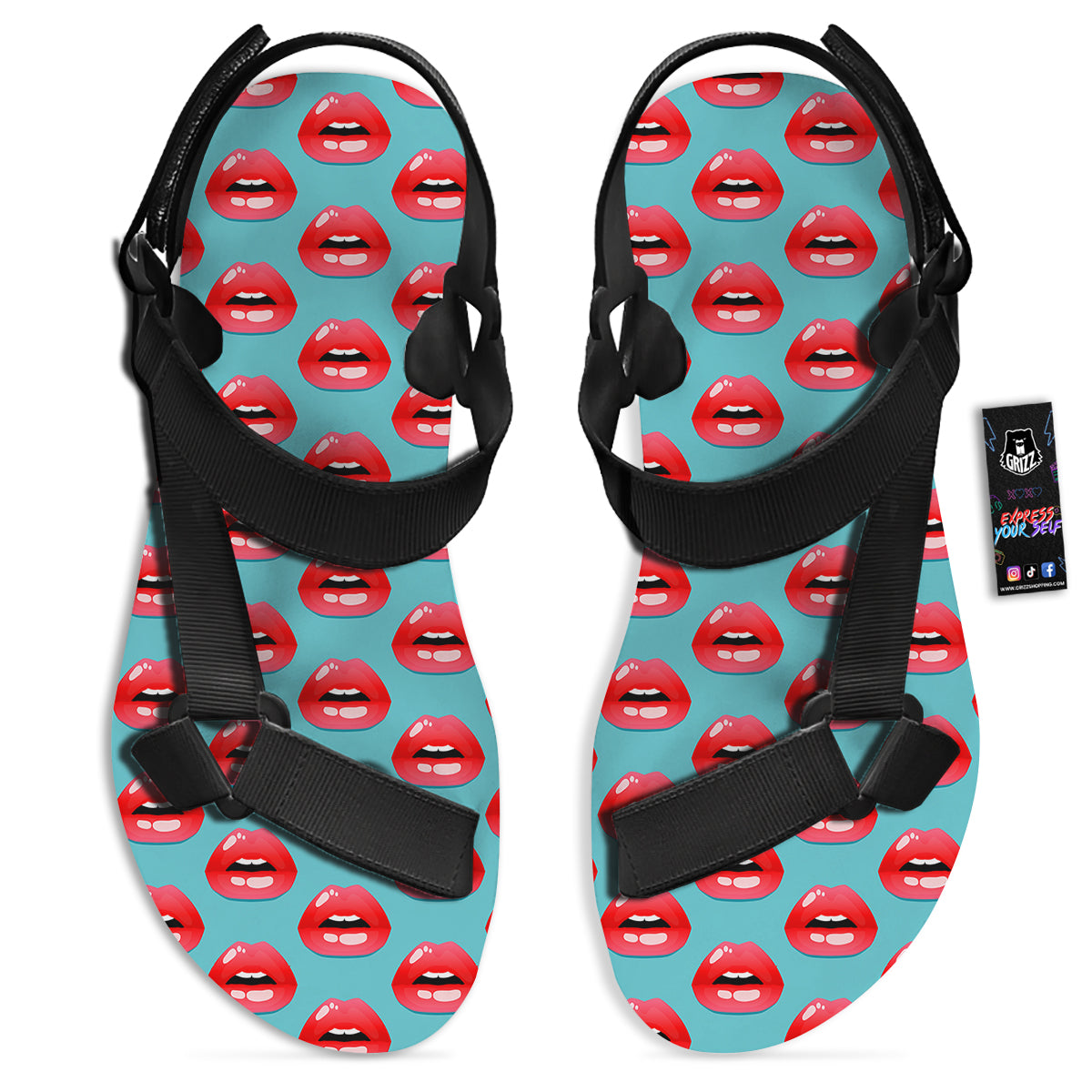 Women's Lips Print Pattern Black Open Toe Sandals-grizzshop