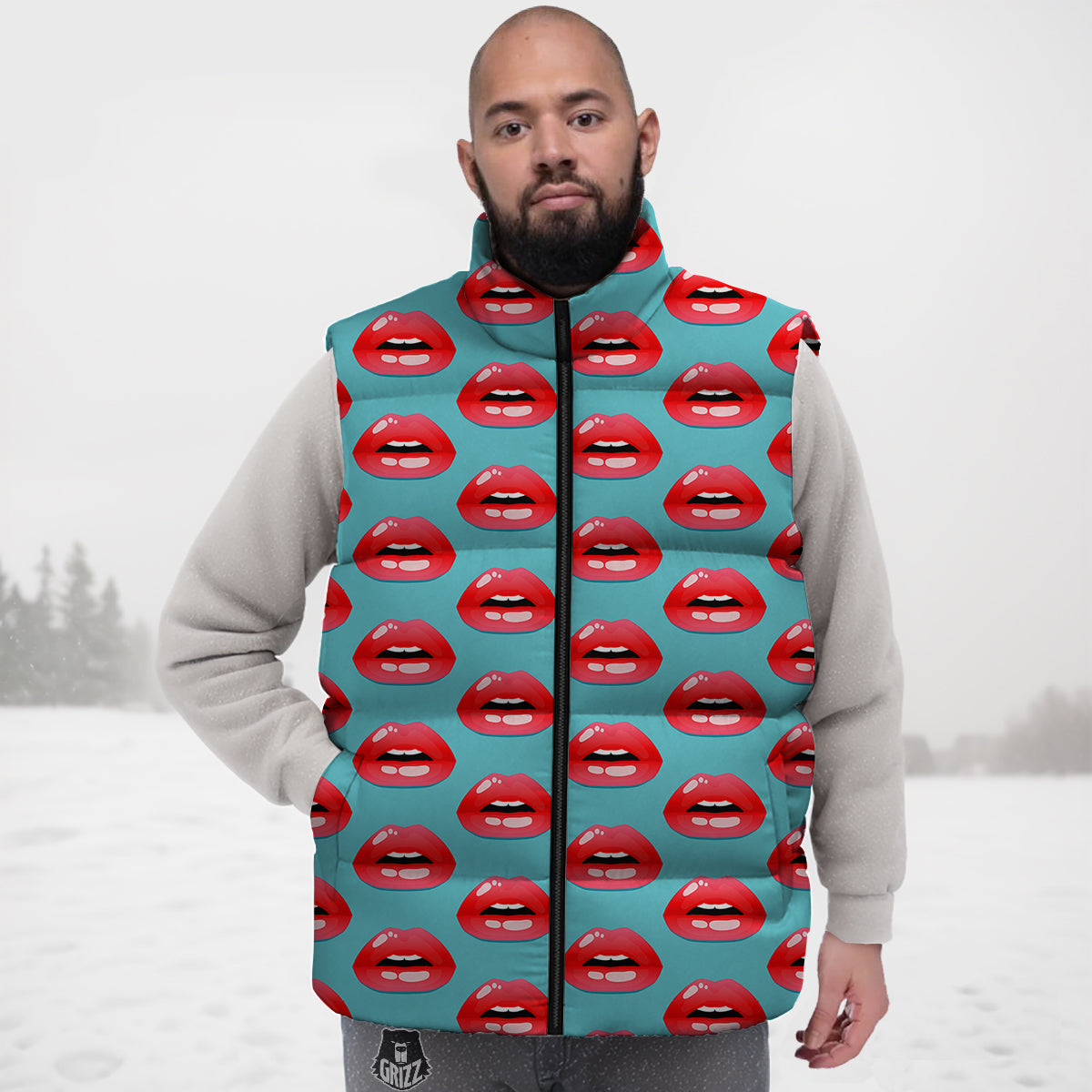 Women's Lips Print Pattern Down Vest-grizzshop