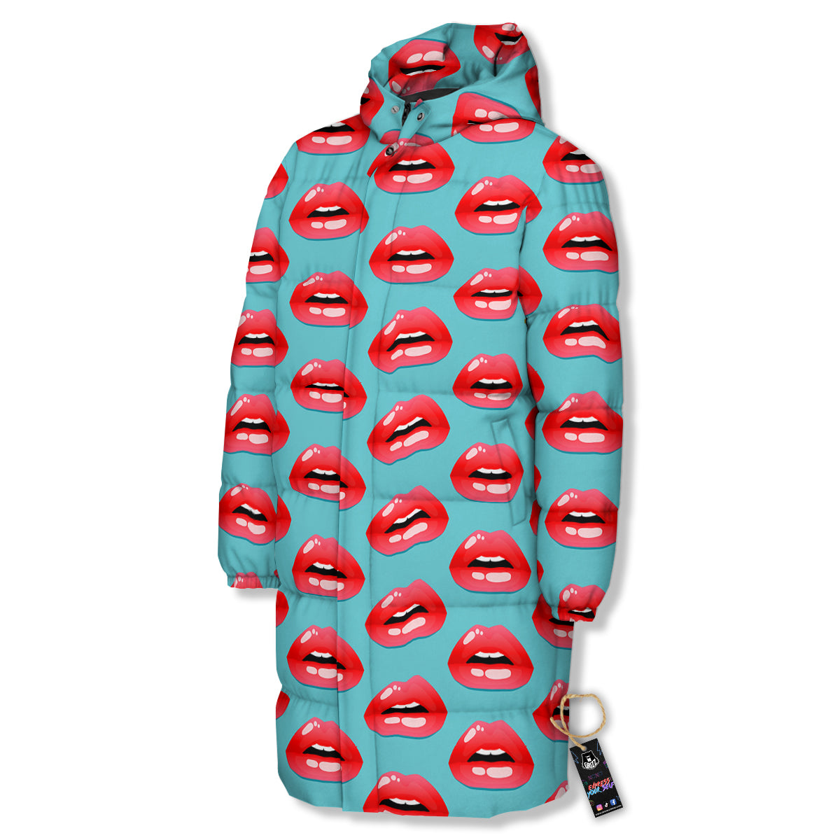 Women's Lips Print Pattern Long Down Jacket-grizzshop