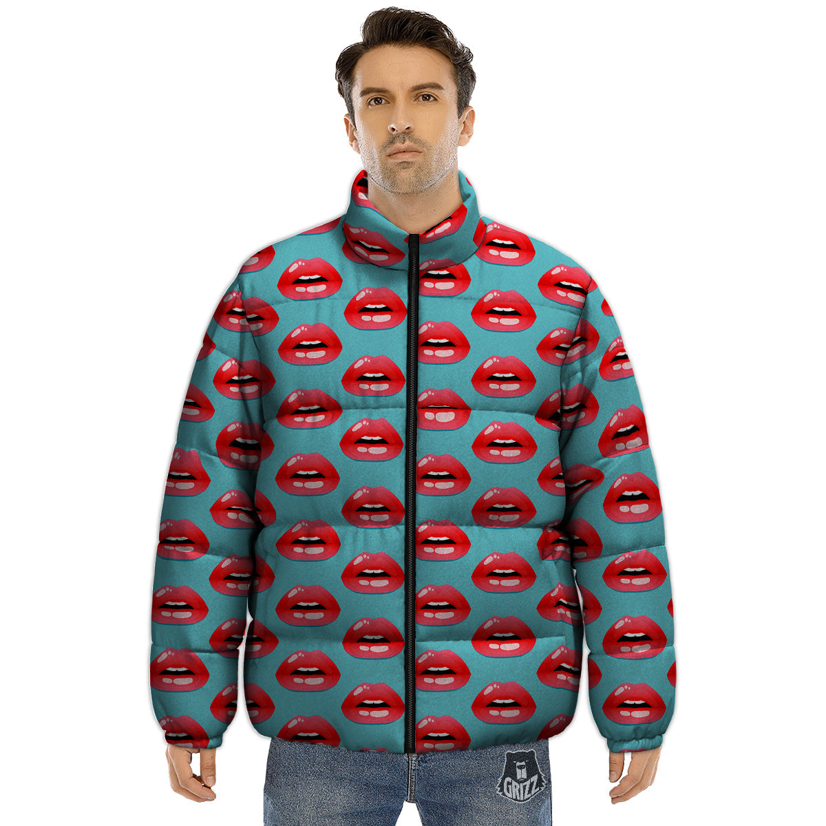 Women's Lips Print Pattern Puffer Jacket-grizzshop