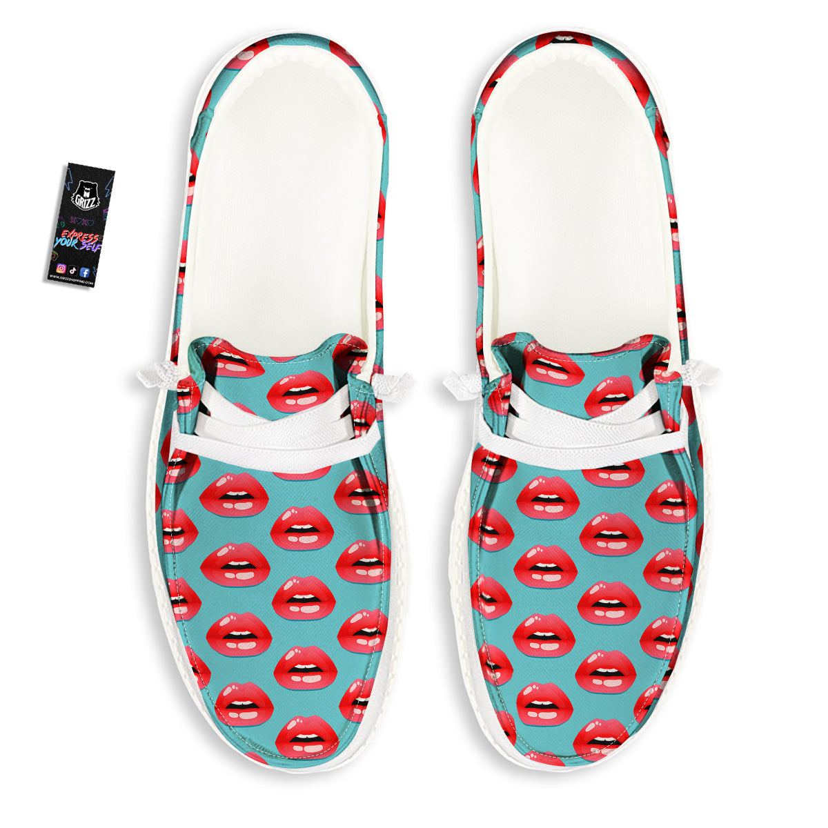 Women's Lips Print Pattern White Loafers-grizzshop