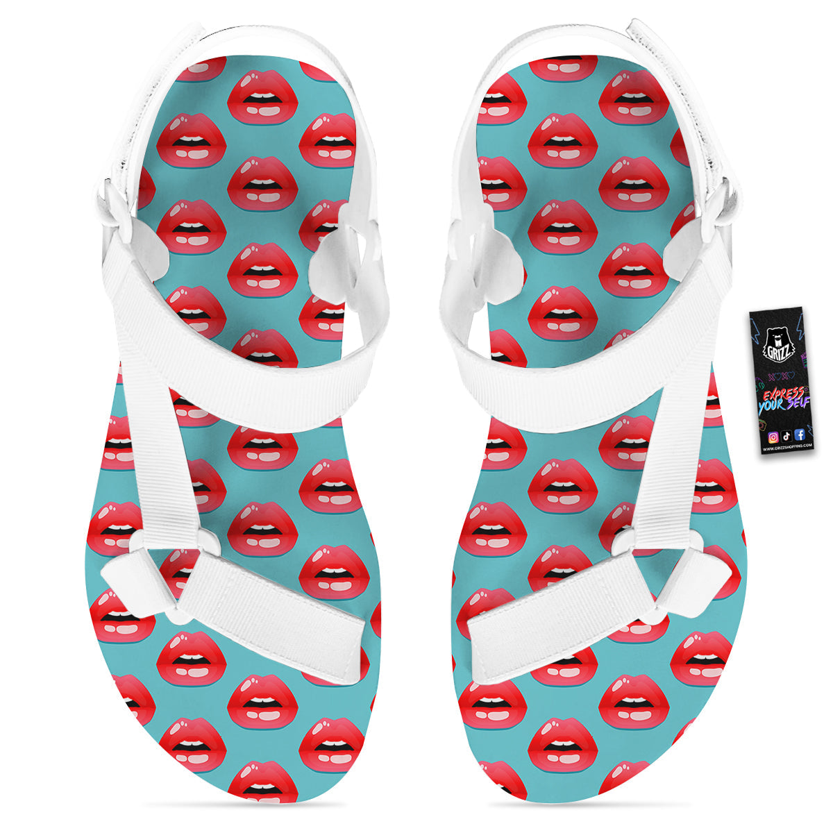 Women's Lips Print Pattern White Open Toe Sandals-grizzshop