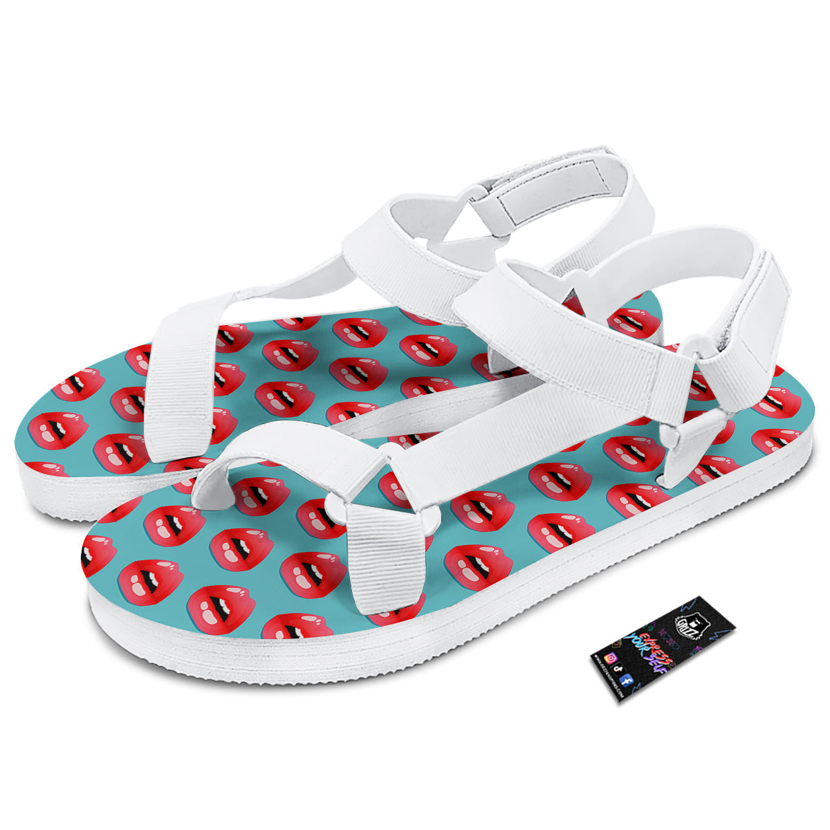 Women's Lips Print Pattern White Open Toe Sandals-grizzshop