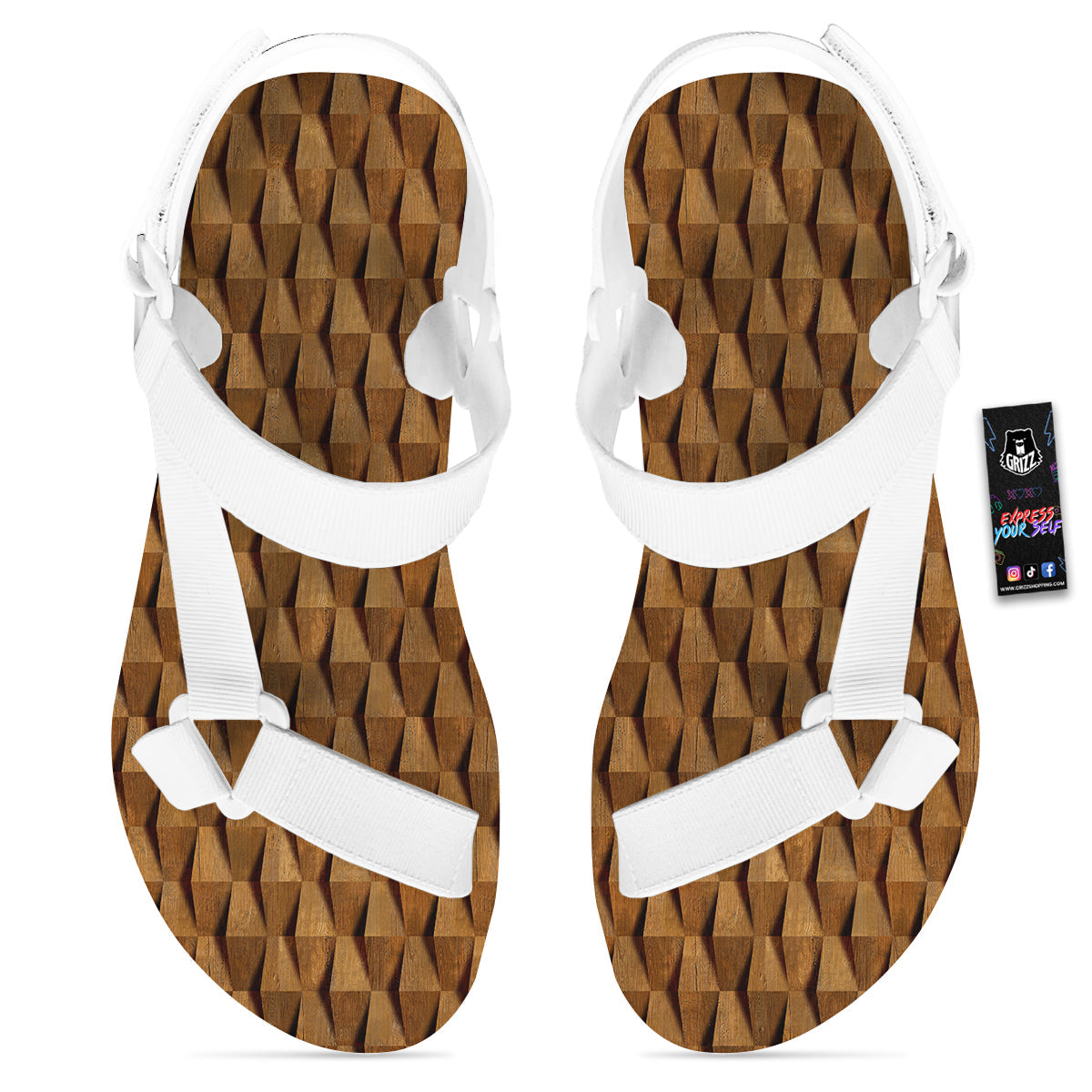 Wood Wall 3D Print Pattern White Open Toe Sandals-grizzshop
