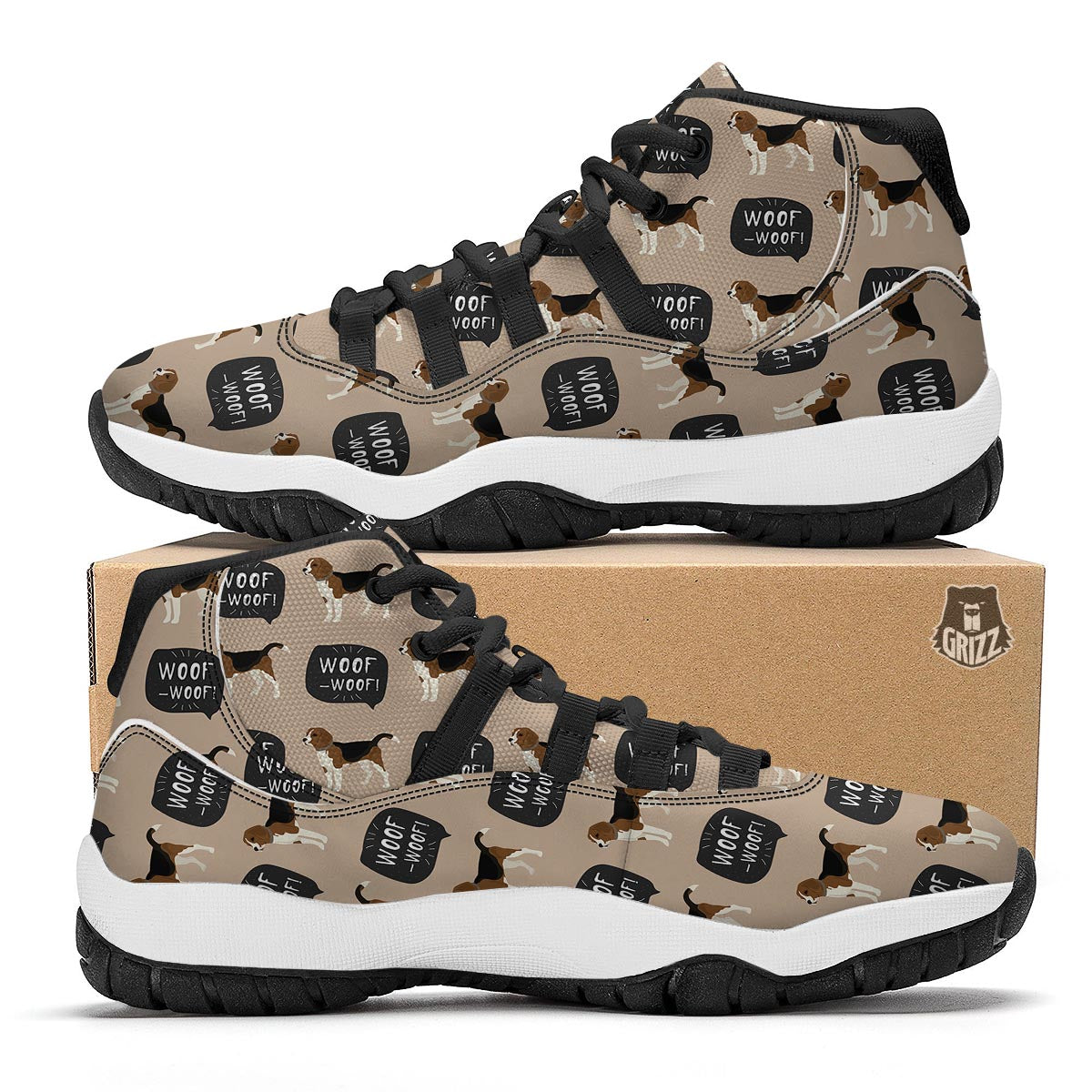 Woof Woof Beagle Pattern Print Black Bball Shoes-grizzshop