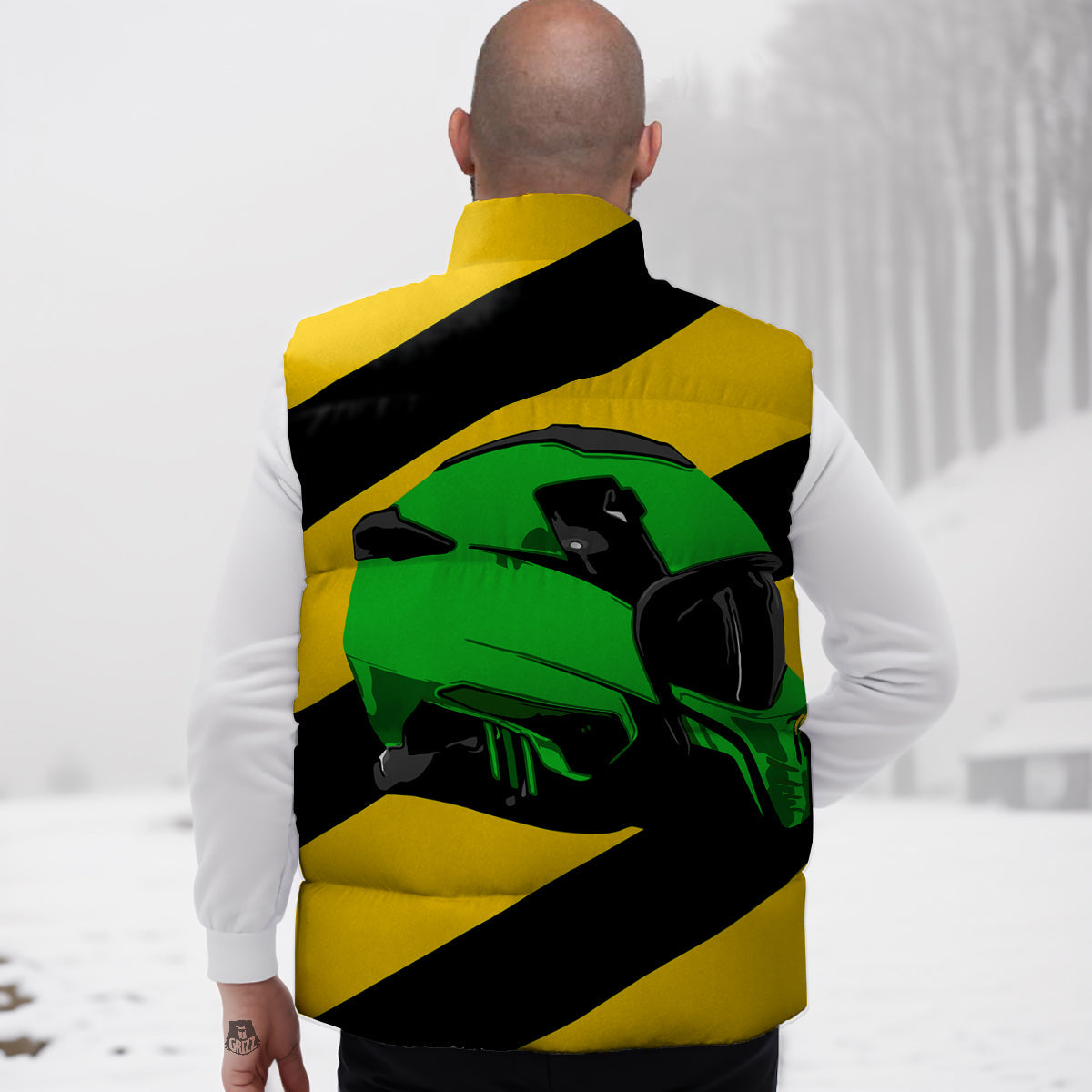 Yellow And Green Helmet Print Down Vest