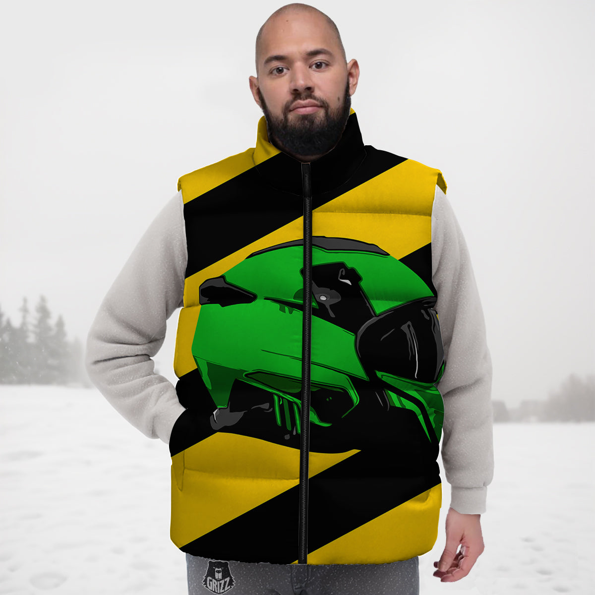 Yellow And Green Helmet Print Down Vest
