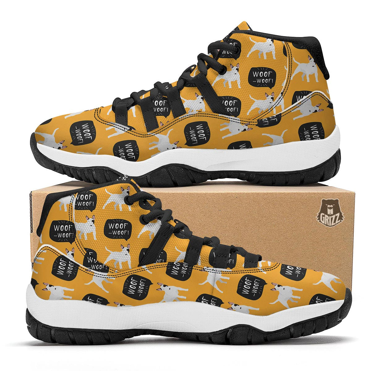 Woof Woof Bull Terrier Pattern Print Black Bball Shoes-grizzshop