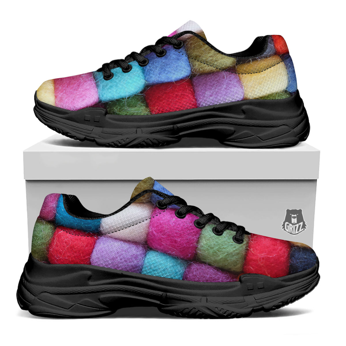 Wool Yarns Colorful Print Black Chunky Shoes-grizzshop