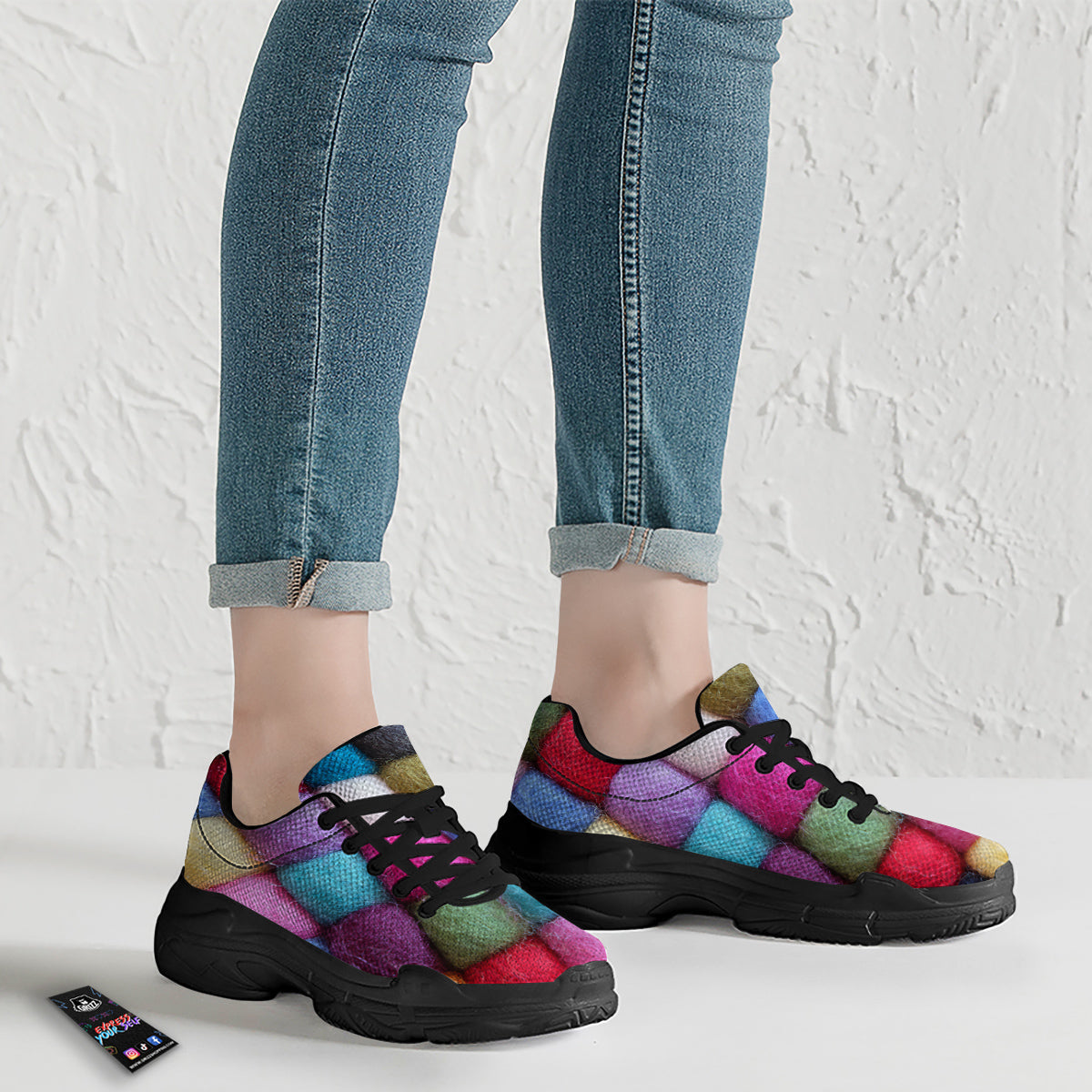 Wool Yarns Colorful Print Black Chunky Shoes-grizzshop