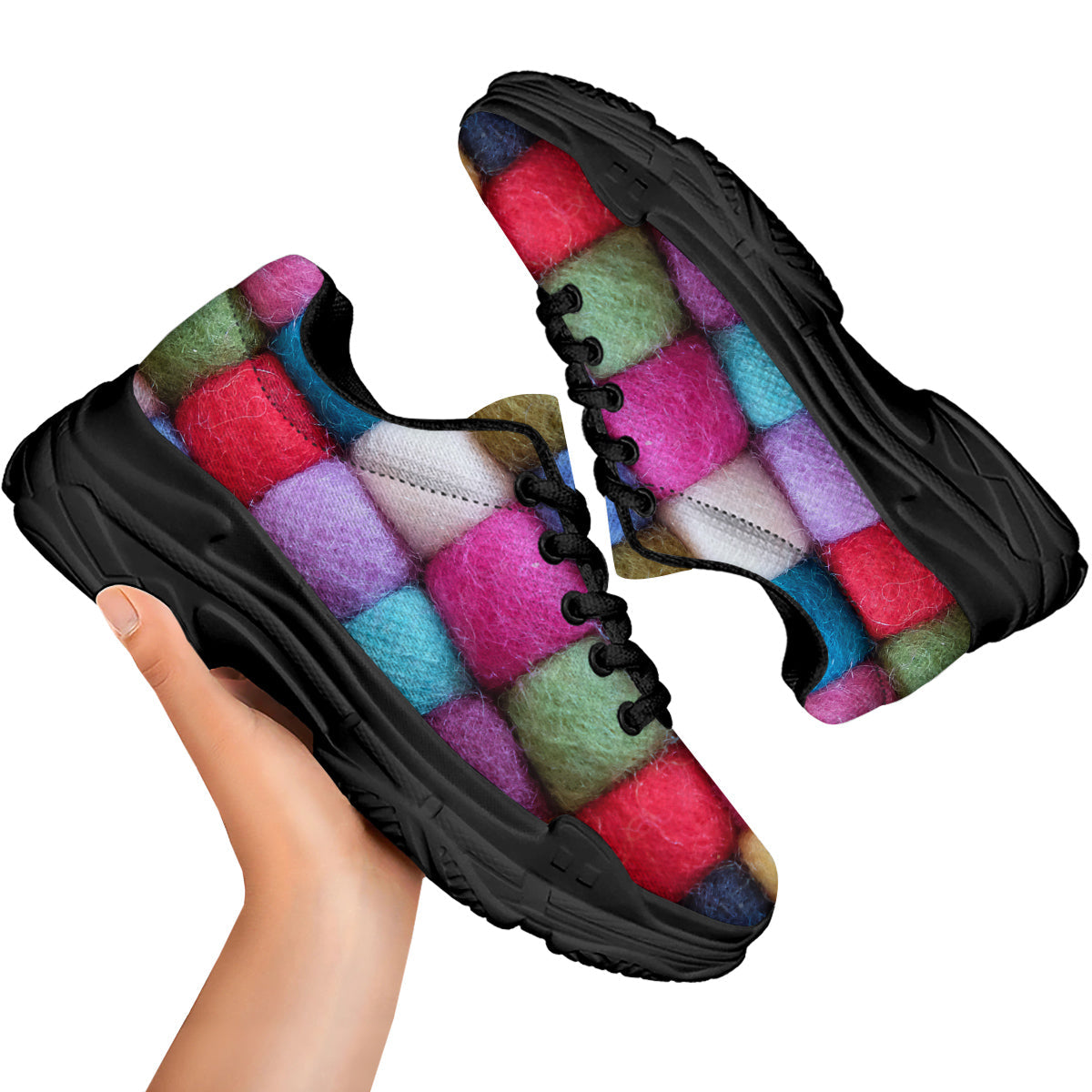 Wool Yarns Colorful Print Black Chunky Shoes-grizzshop