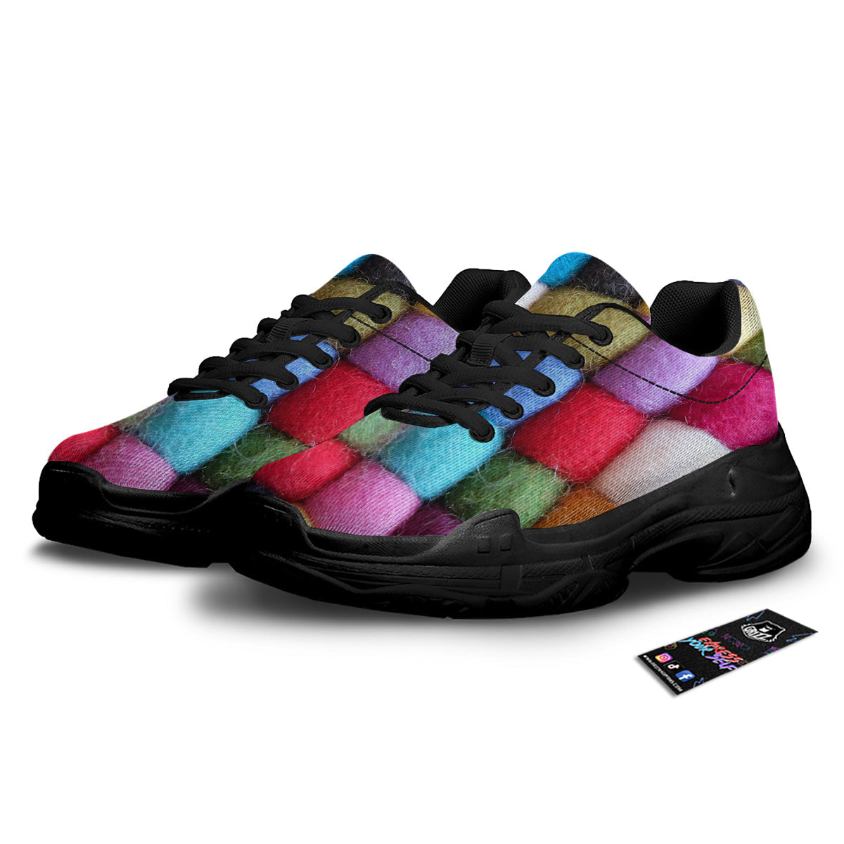 Wool Yarns Colorful Print Black Chunky Shoes-grizzshop
