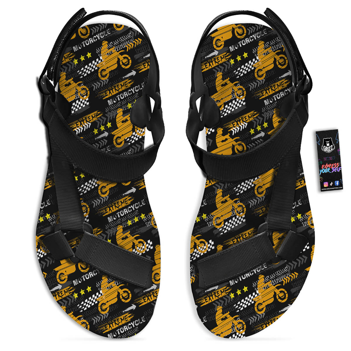 Words Motorcycle Print Pattern Black Open Toe Sandals-grizzshop