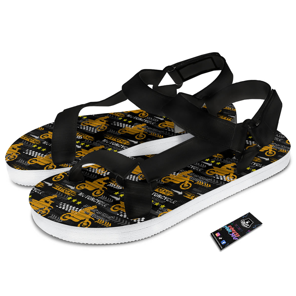 Words Motorcycle Print Pattern Black Open Toe Sandals-grizzshop