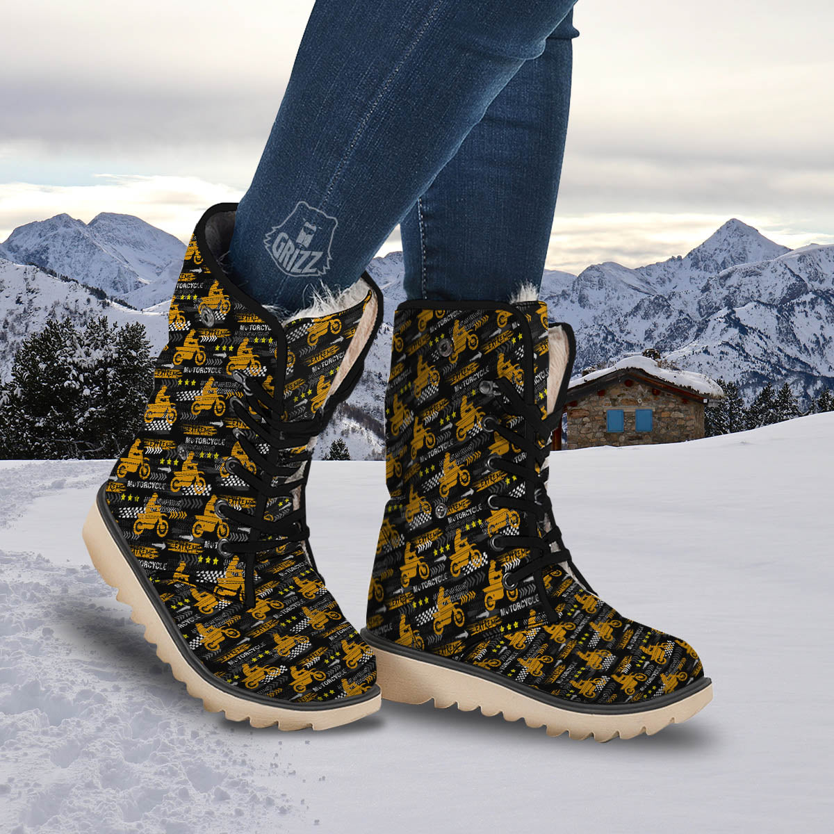Words Motorcycle Print Pattern Snow Boots-grizzshop