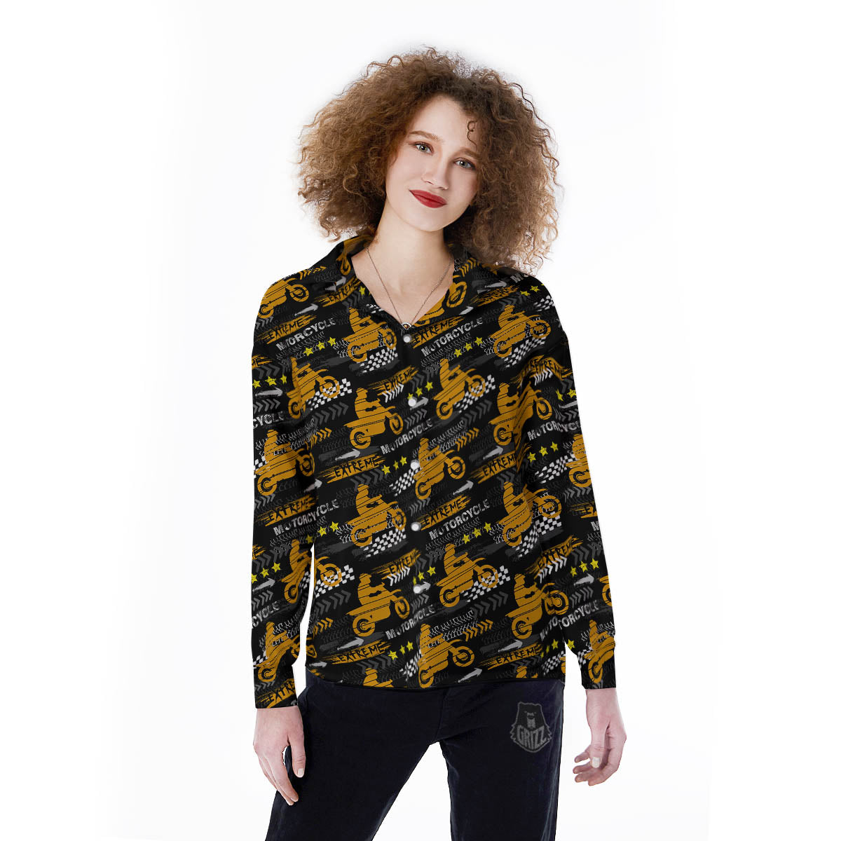 Words Motorcycle Print Pattern Women's Long Sleeve Shirts-grizzshop