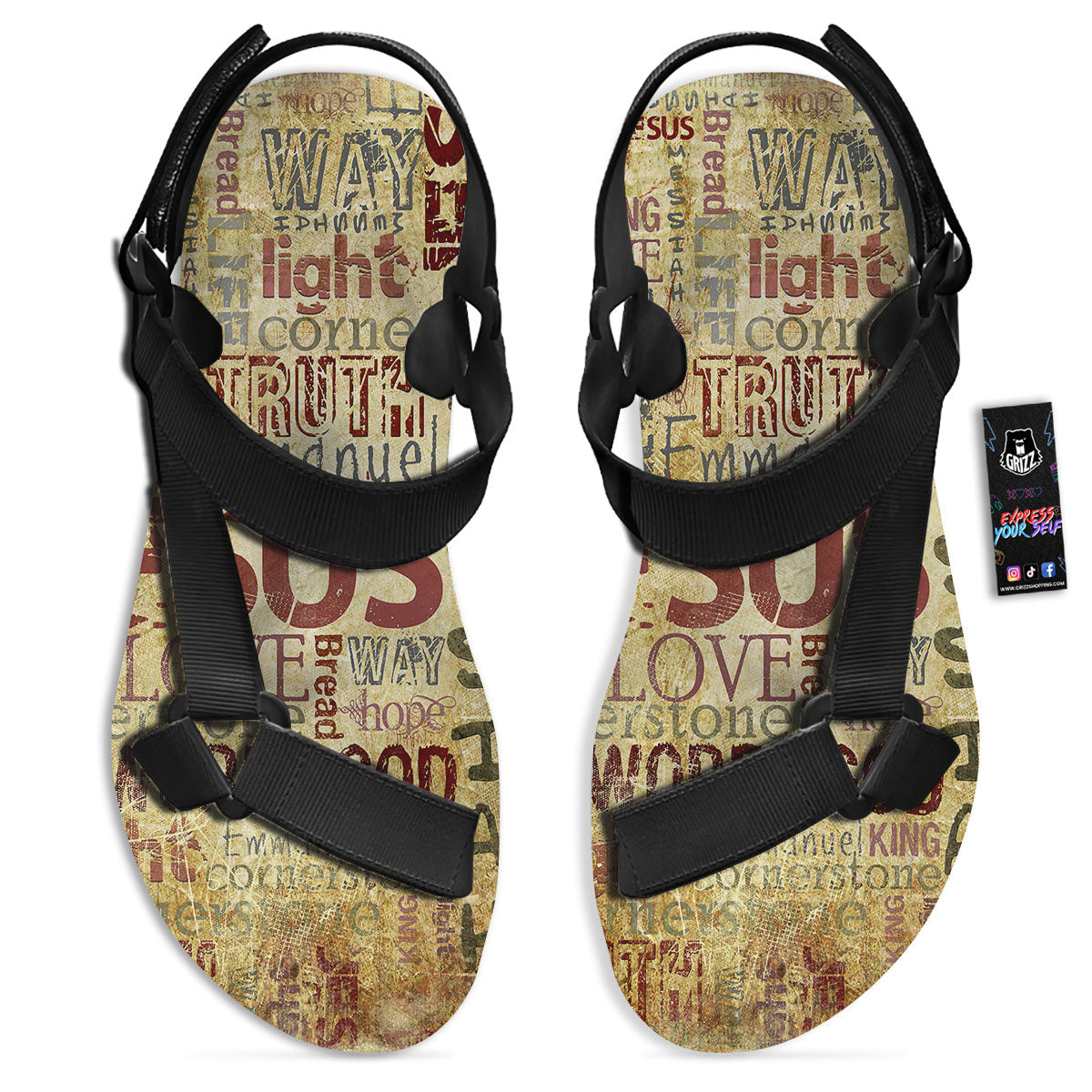 Words Old Religious Print Black Open Toe Sandals-grizzshop