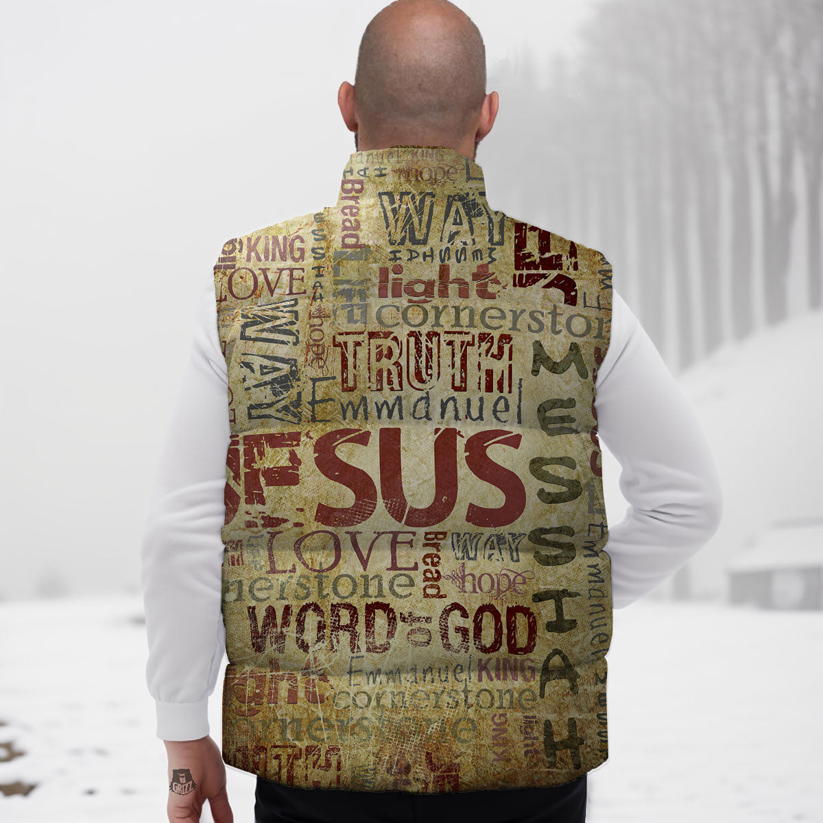 Words Old Religious Print Down Vest