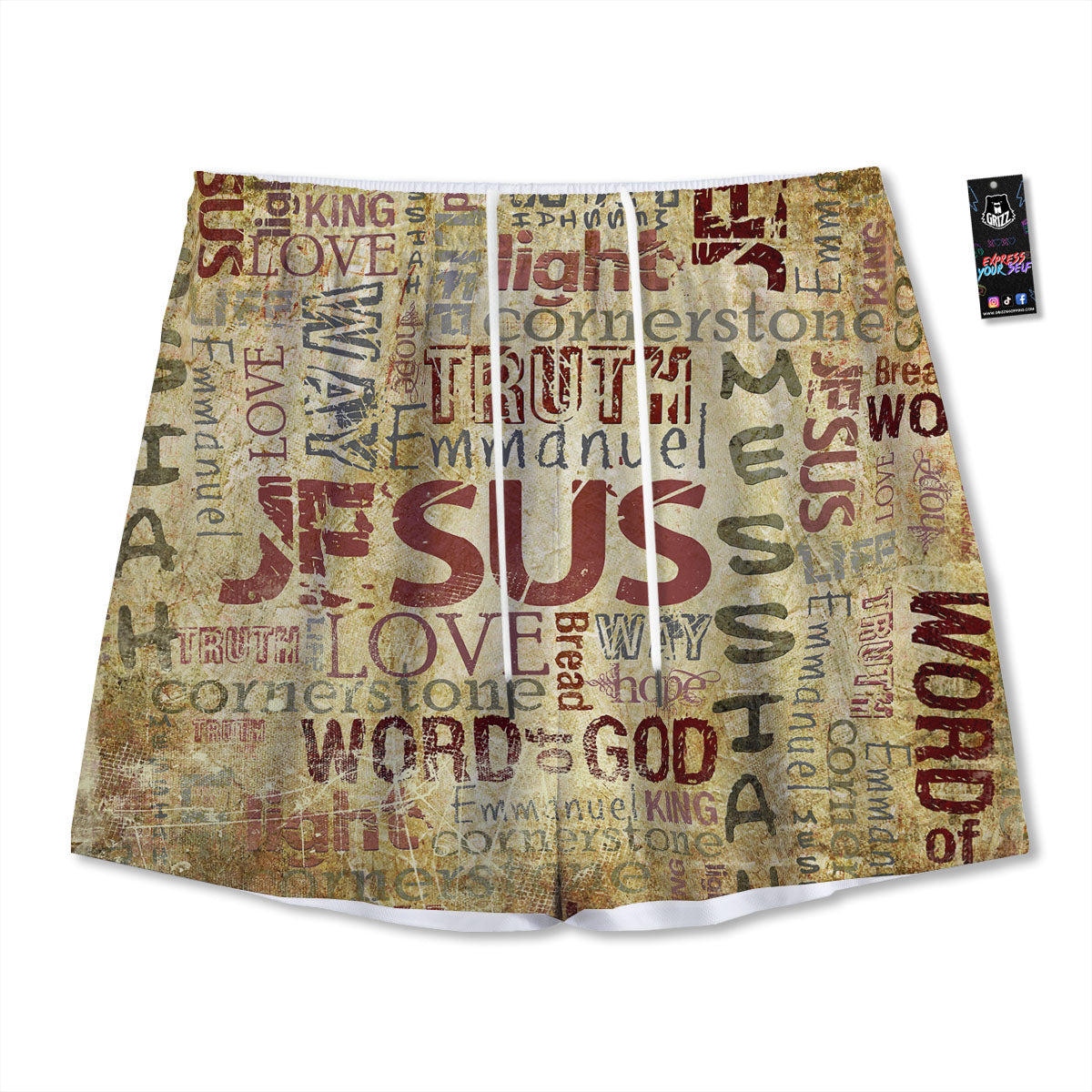 Words Old Religious Print Mesh Shorts