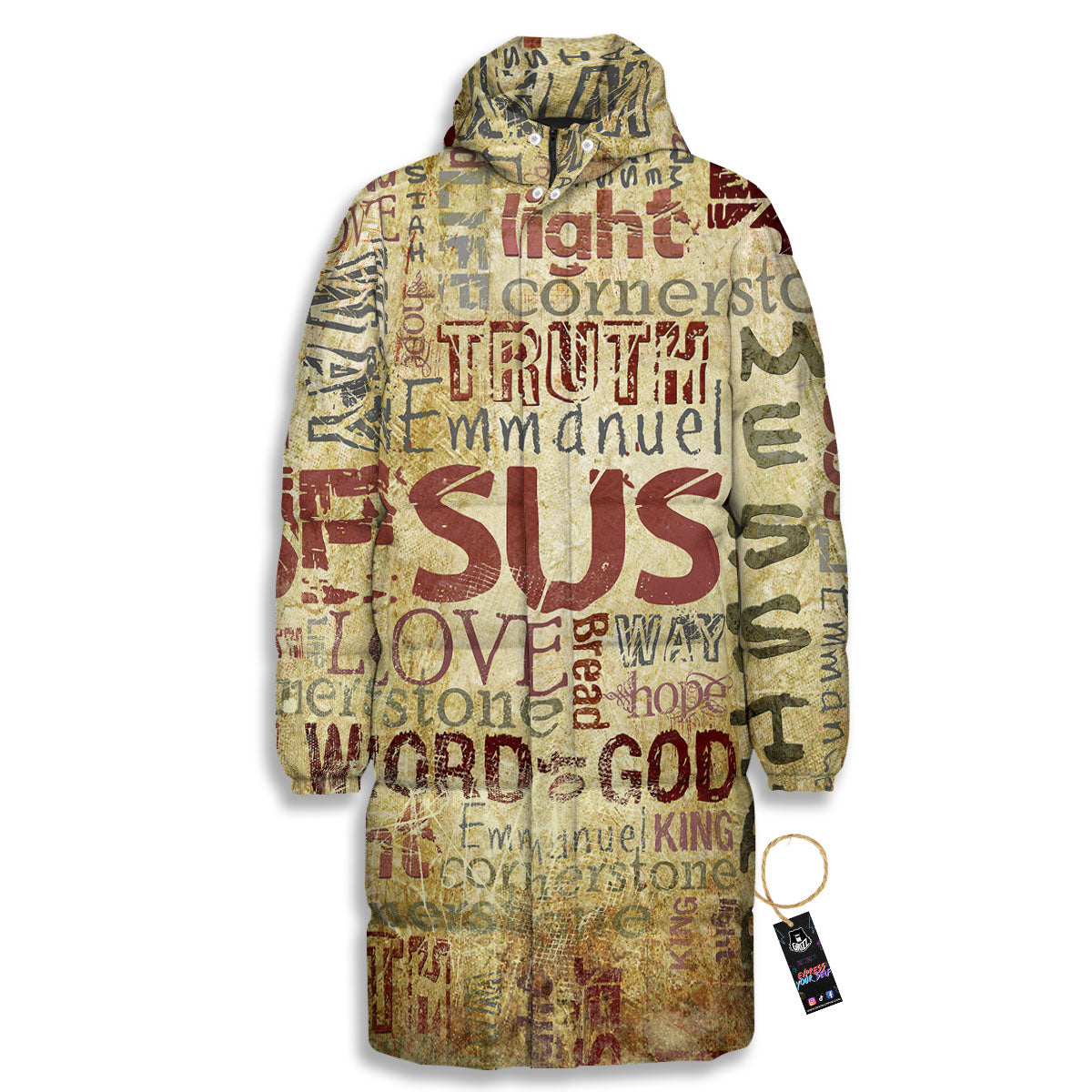 Words Old Religious Print Long Down Jacket