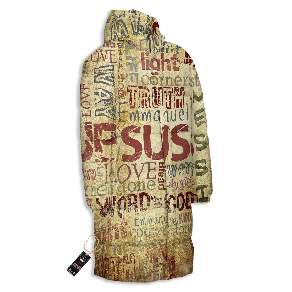Words Old Religious Print Long Down Jacket