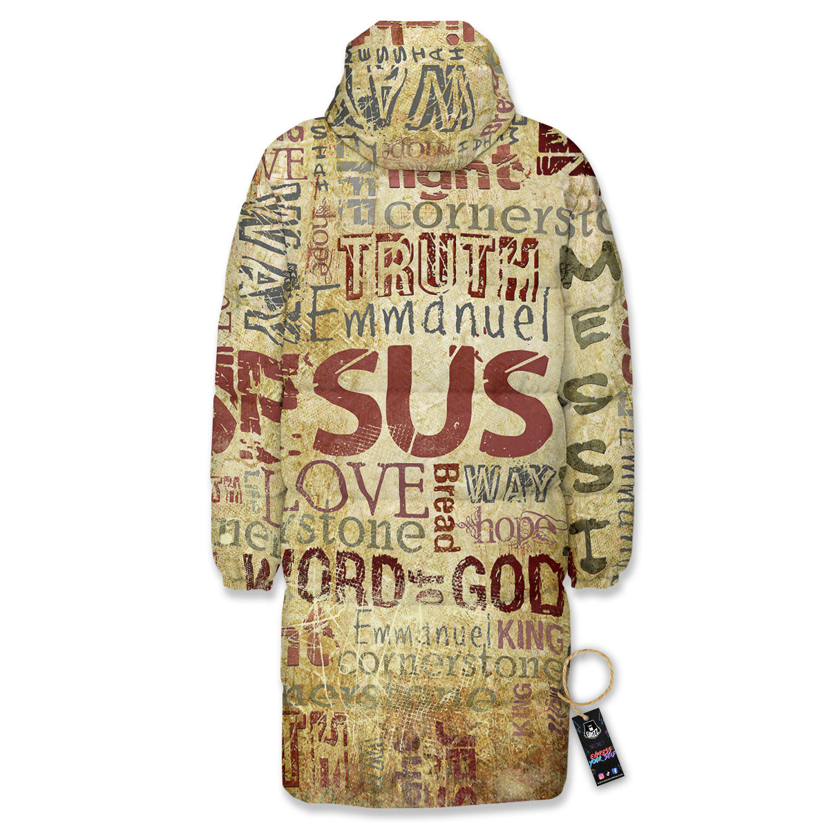 Words Old Religious Print Long Down Jacket