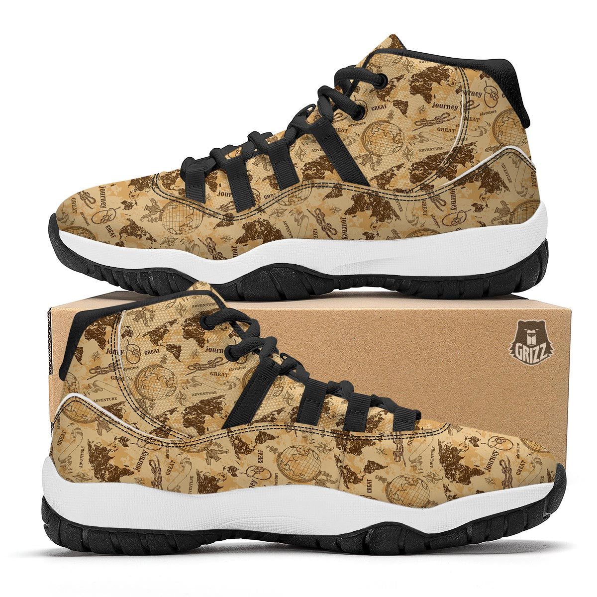 World Map Pattern Print Black Bball Shoes-grizzshop