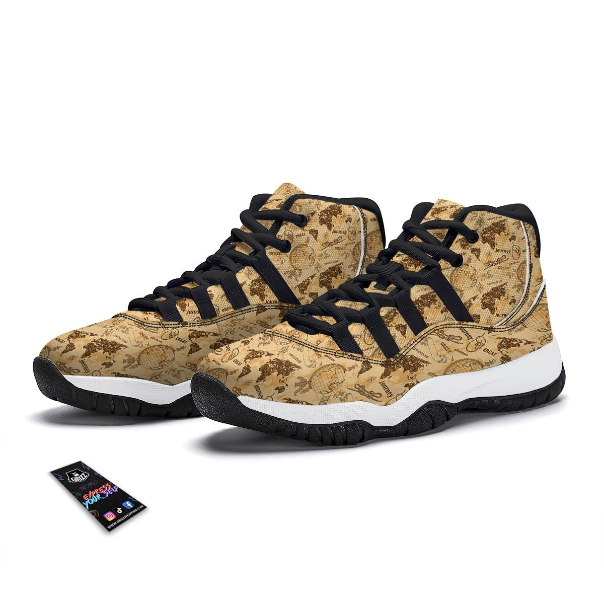 World Map Pattern Print Black Bball Shoes-grizzshop