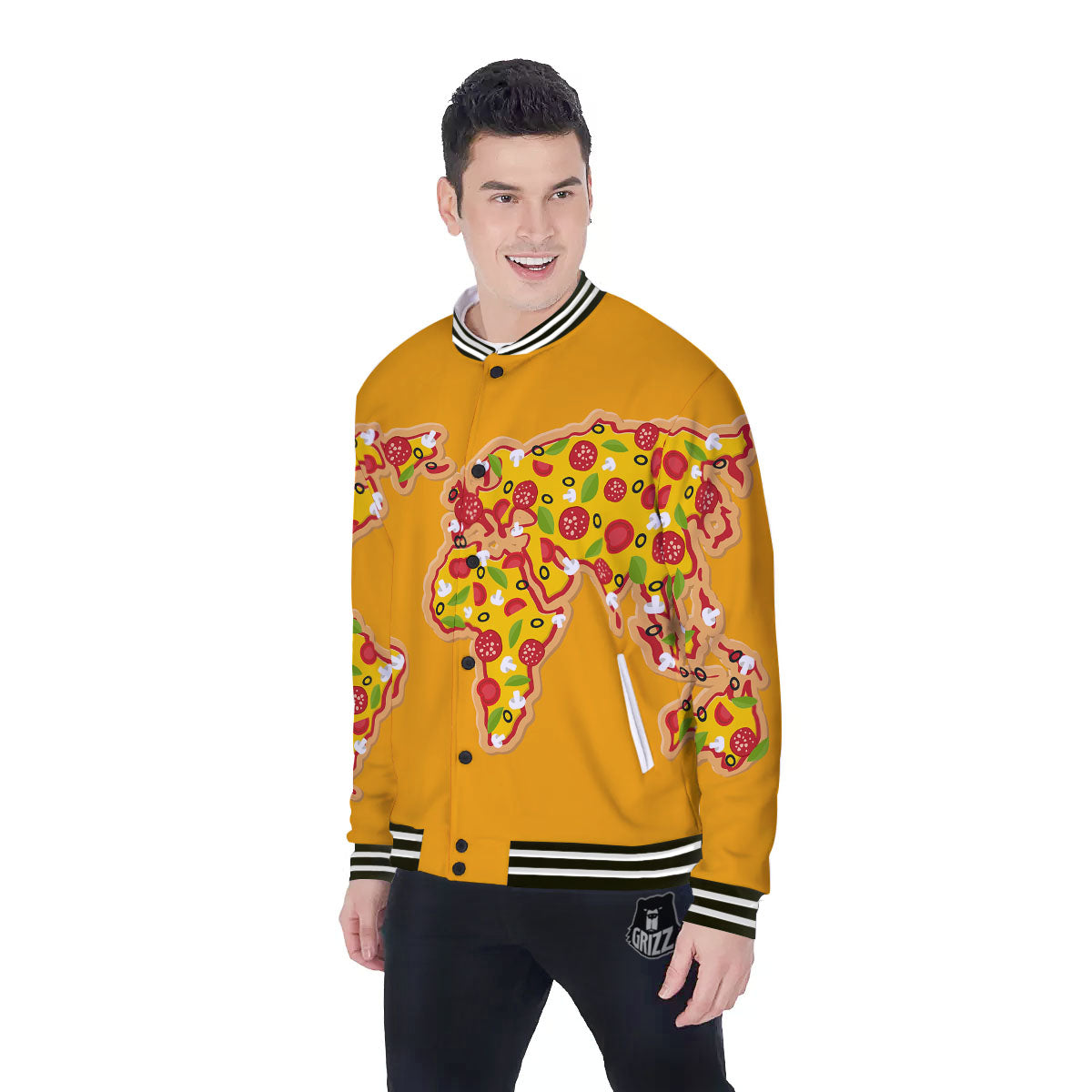 World Map Pizza Print Baseball Jacket-grizzshop