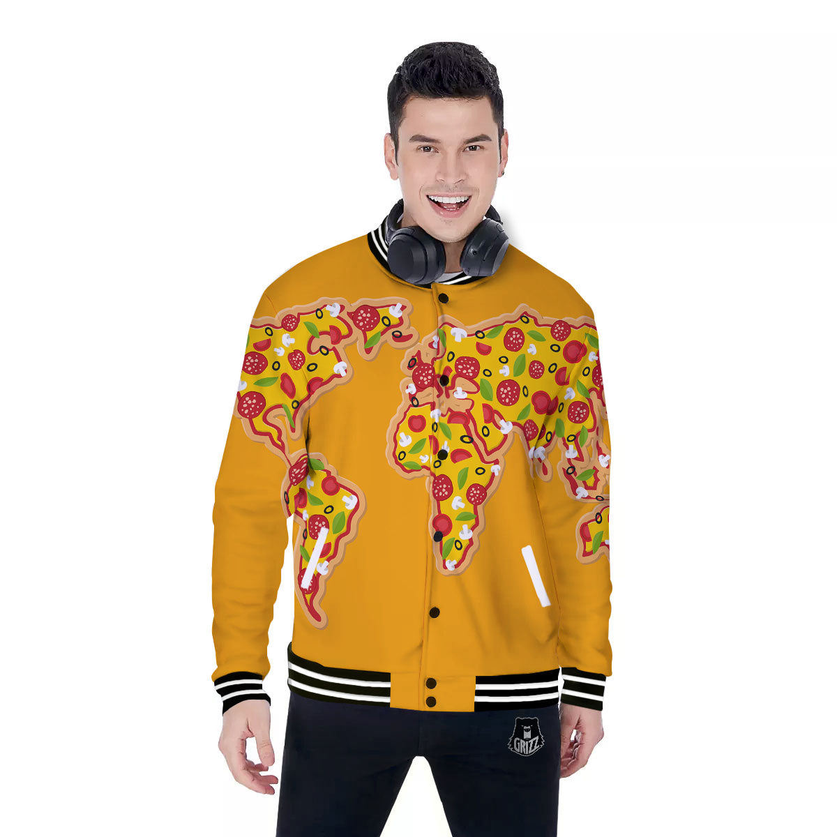 World Map Pizza Print Baseball Jacket-grizzshop