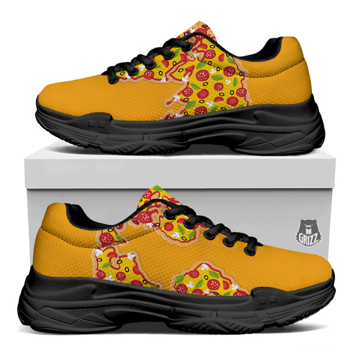 World Map Pizza Print Black Chunky Shoes-grizzshop