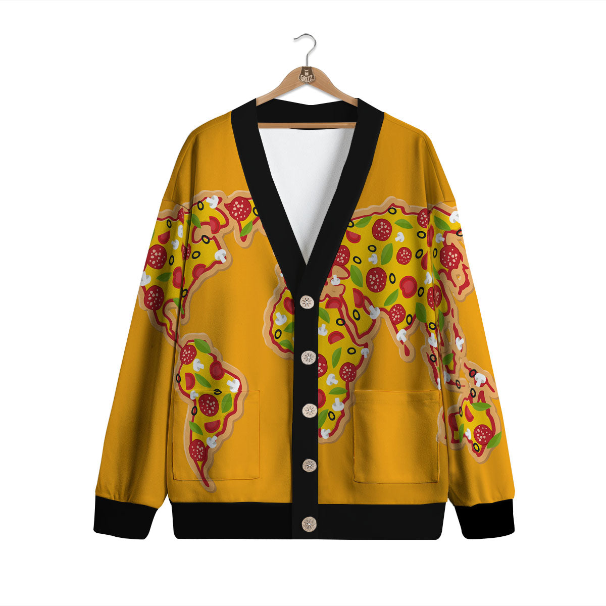 World Map Pizza Print Cardigan-grizzshop
