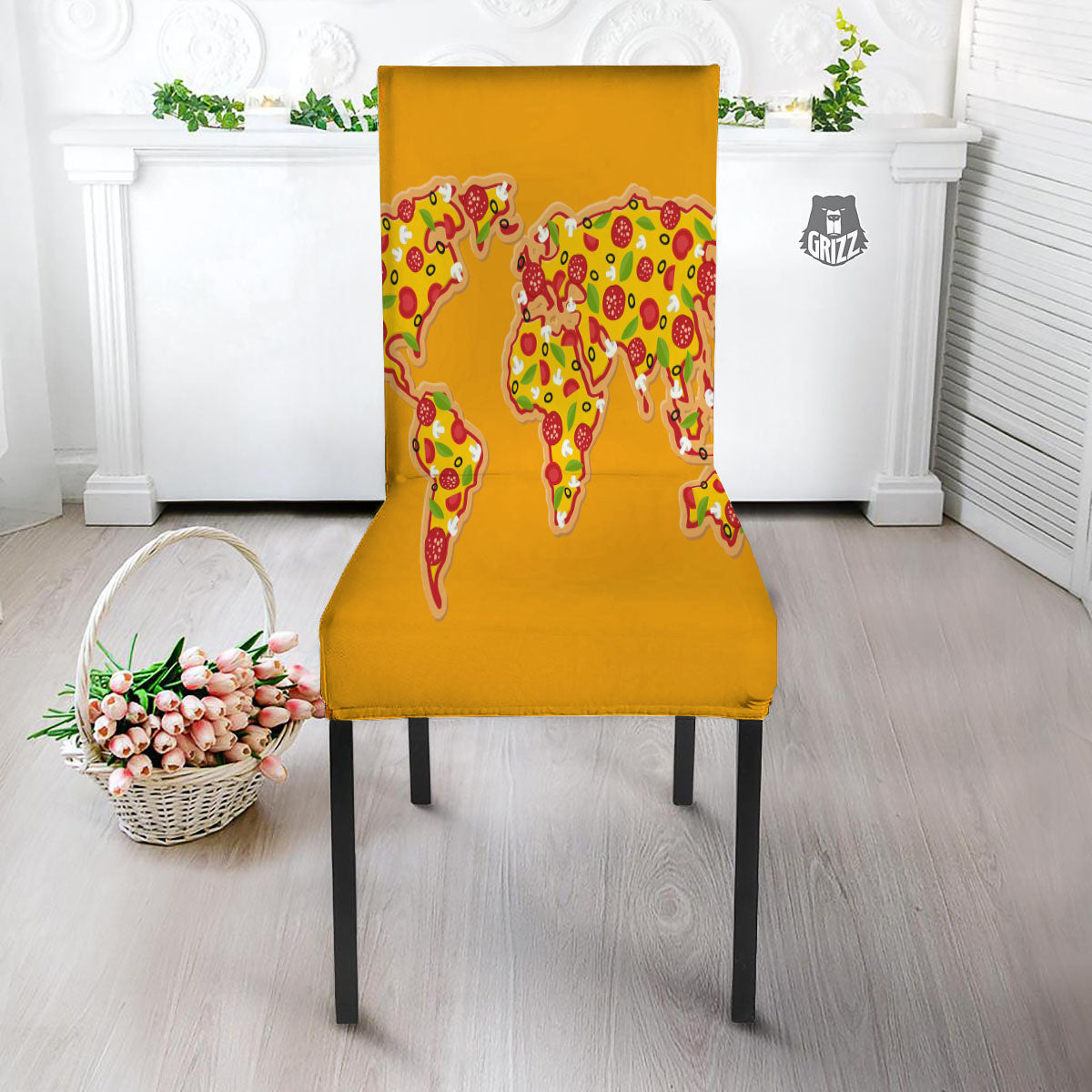 World Map Pizza Print Dining Chair Slipcover-grizzshop