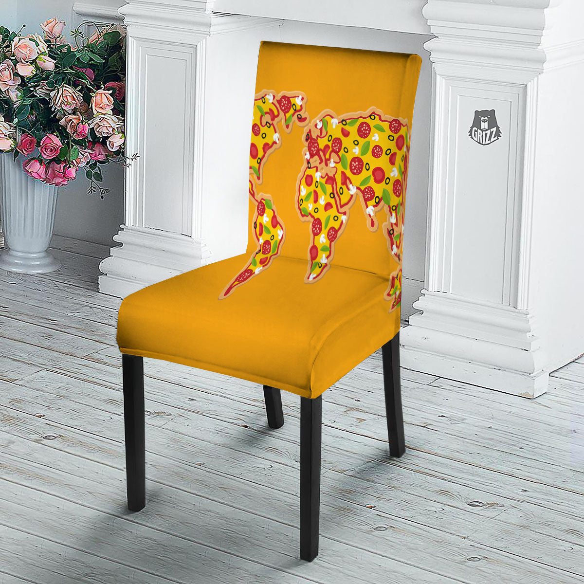 World Map Pizza Print Dining Chair Slipcover-grizzshop
