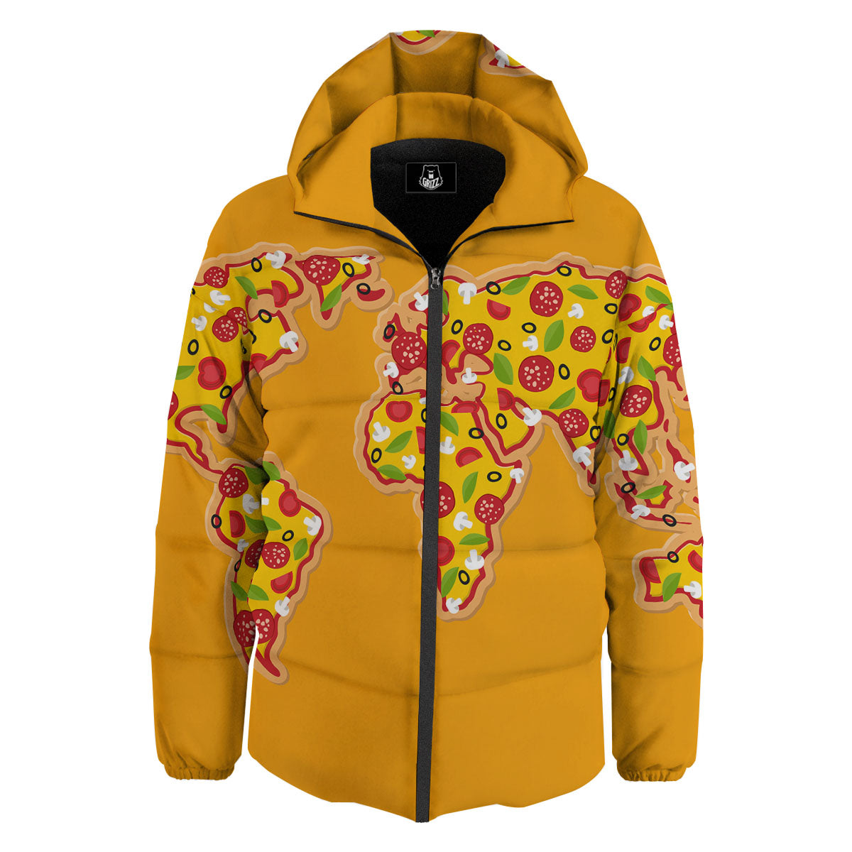 World Map Pizza Print Down Jacket-grizzshop