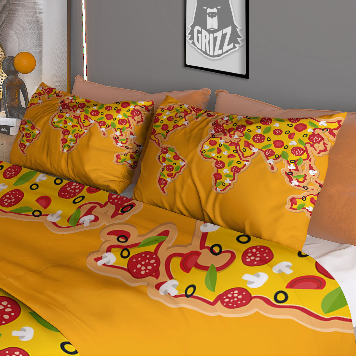 World Map Pizza Print Duvet Cover Bedding Set